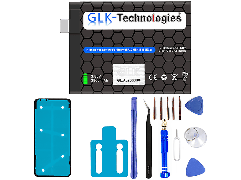 GLK-TECHNOLOGIES Huawei P30 Akku HB436380ECW 3800mAh inkl. PROFI Werkzeug Set Lithium-Ionen-Akku Smartphone Akku, 3800mAh