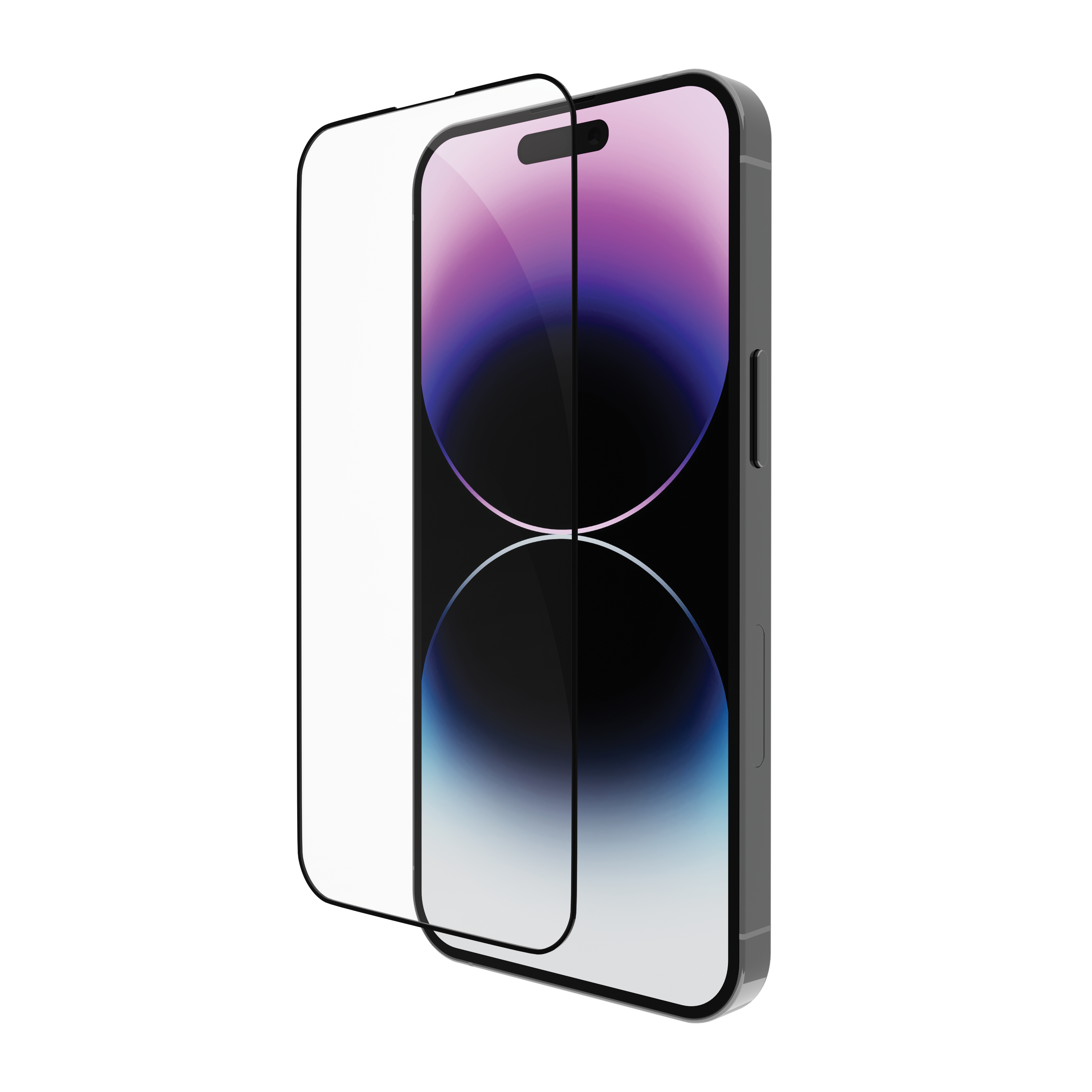iPhone mit angebrachtem Displayschutz, abgewinkelte Ansicht auf schwarzem Hintergrund. Farbbänder.