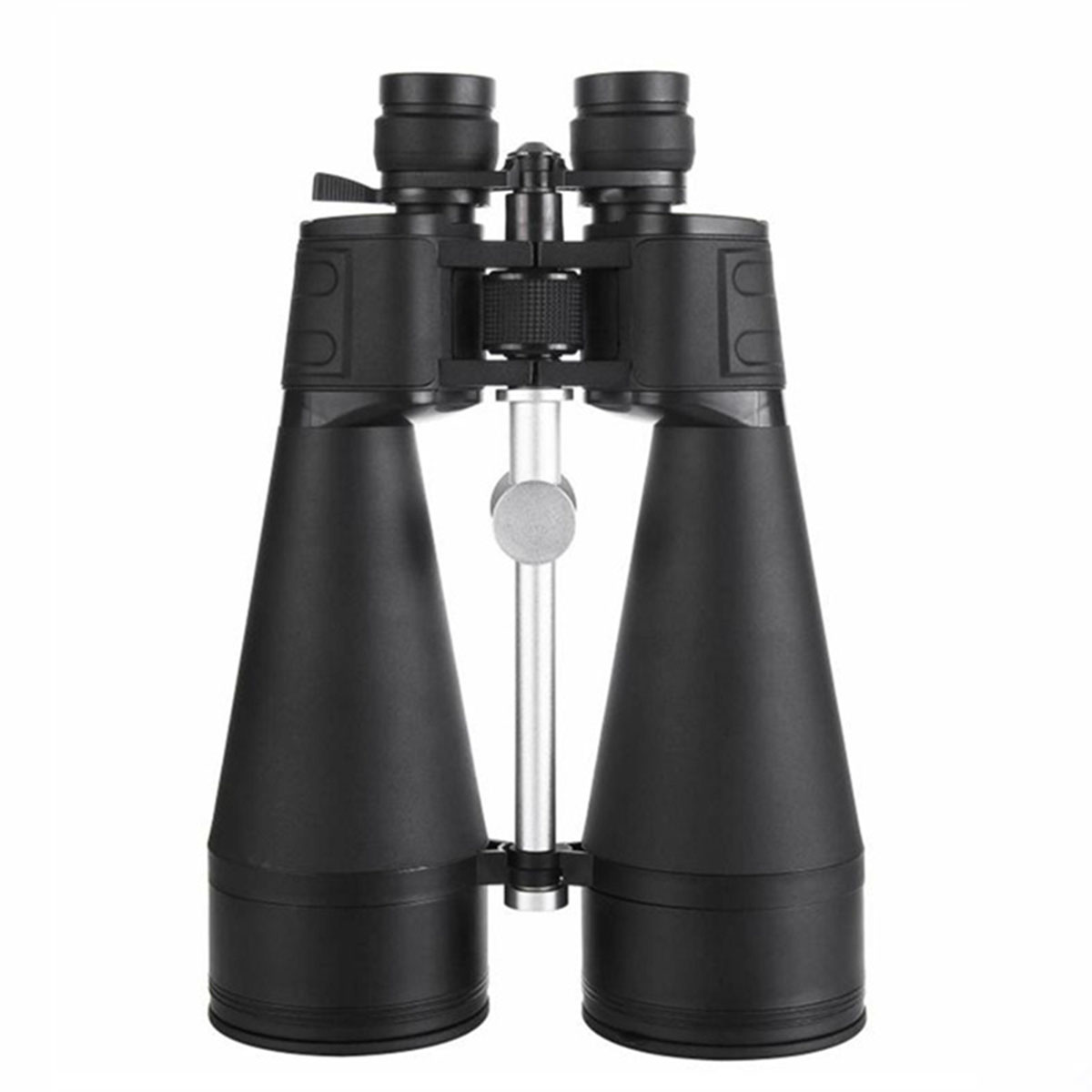 Schwarzes Fernglas mit Fokusrad und silberner Halterung.