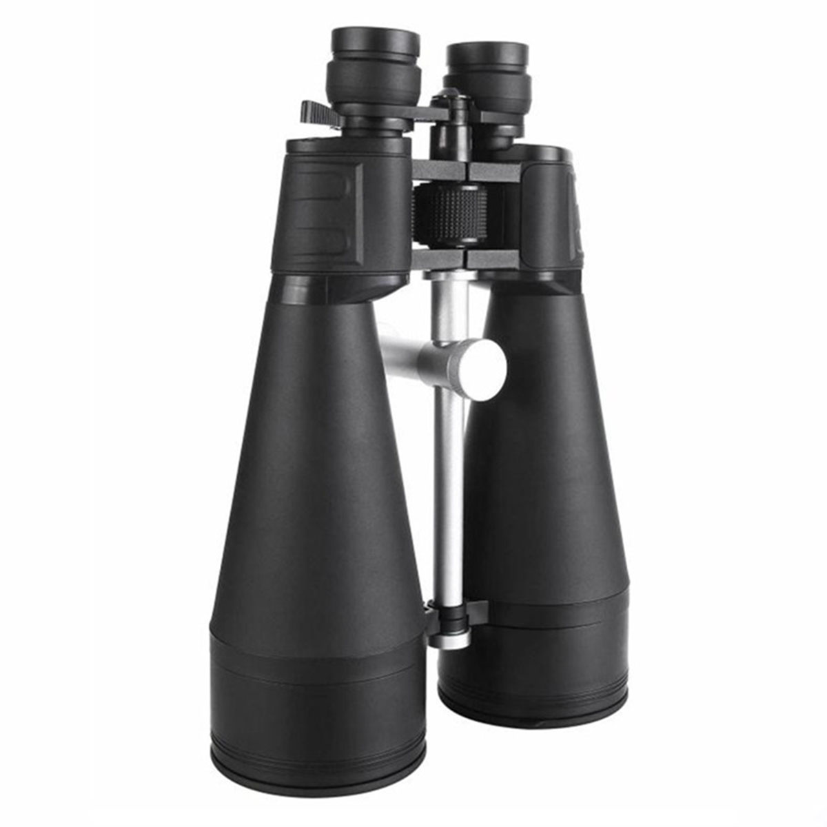 Schwarzes Fernglas mit silberner Halterung wird gezeigt.