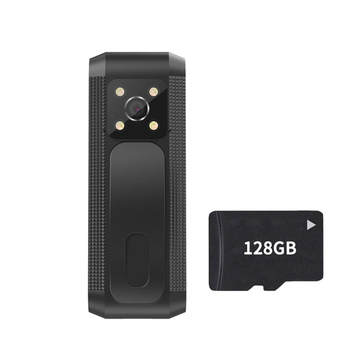 Eine schwarze Videokamera und eine 128 GB SD-Karte. Die Kamera hat ein Objektiv und Knöpfe. Weißer Hintergrund.