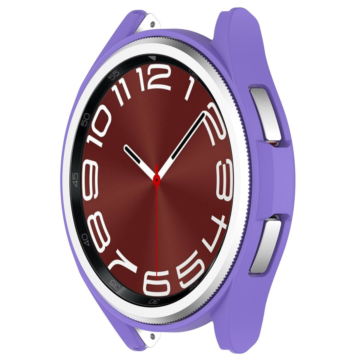 Eine lila Uhrenabdeckung auf einer Uhr, die das Zifferblatt mit weißen Zahlen und Zeigern zeigt.