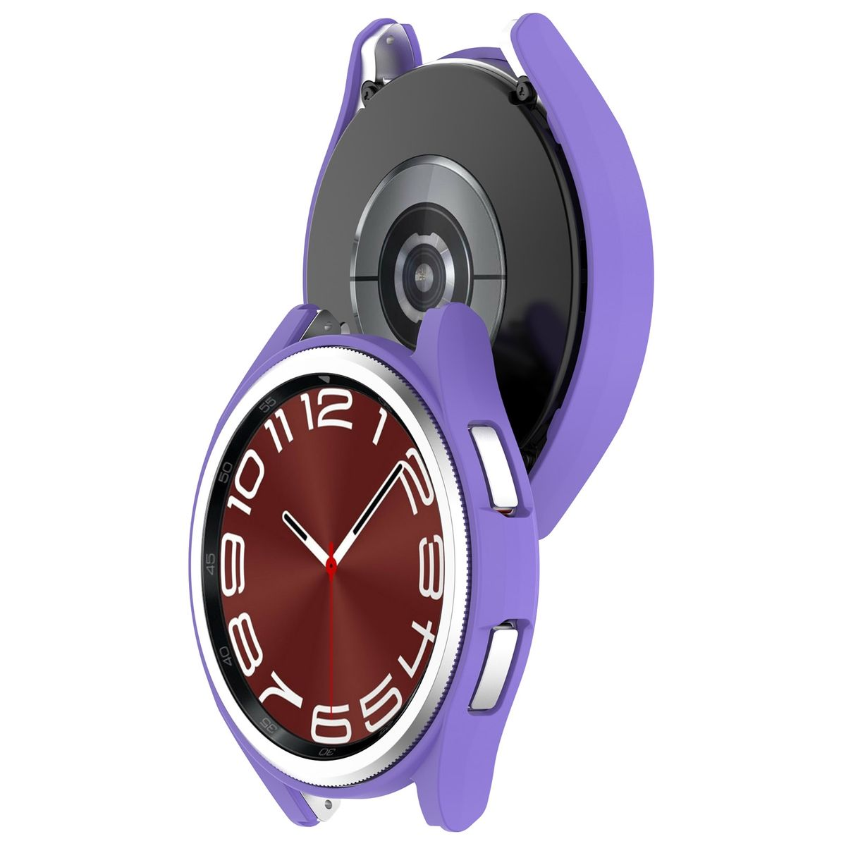 Eine lila Smartwatch mit braunem Bildschirm. Das Gehäuse ist geöffnet und zeigt das Zifferblatt.