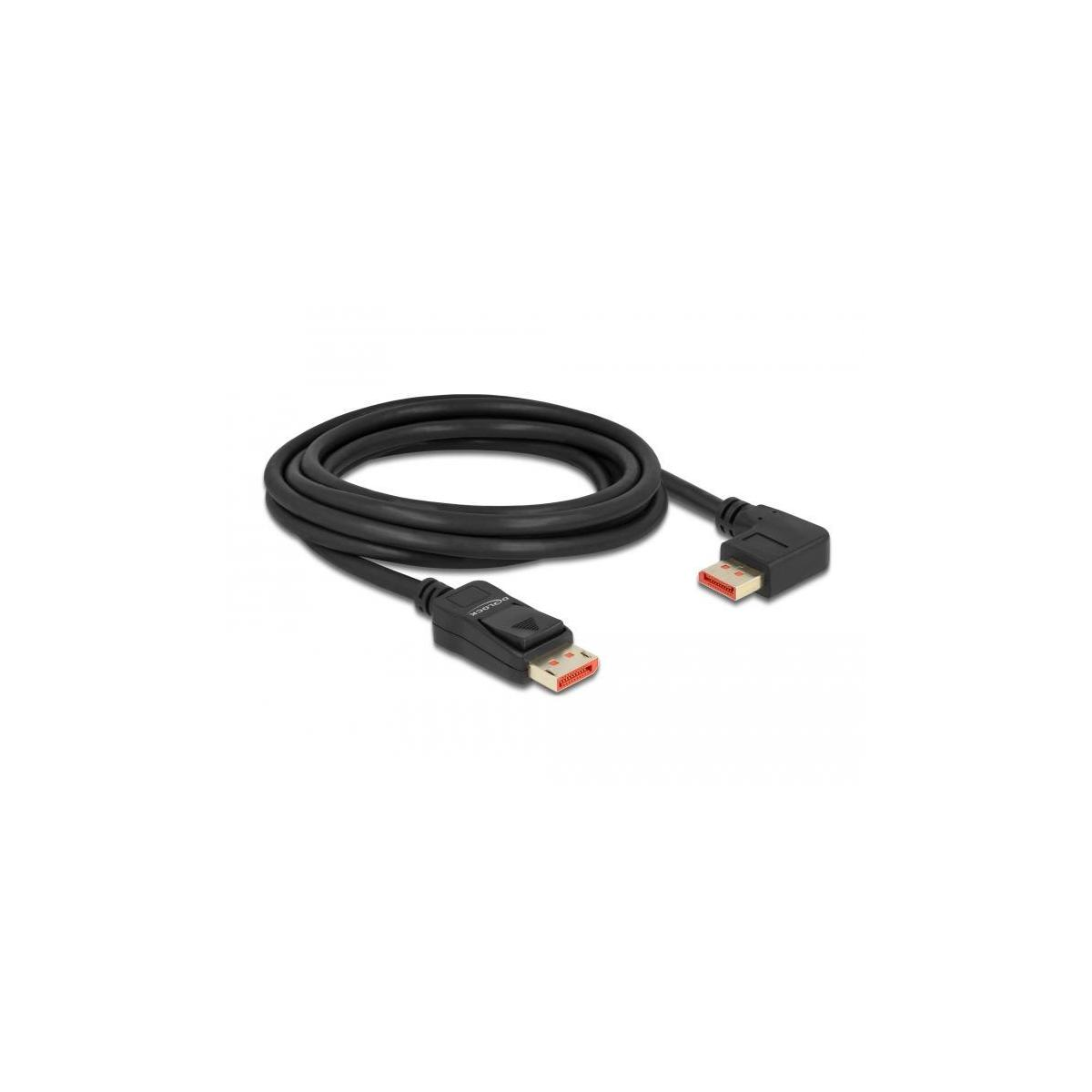 Schwarzes DisplayPort-Kabel mit abgewinkeltem Stecker an einem Ende. Das Kabel ist aufgerollt.