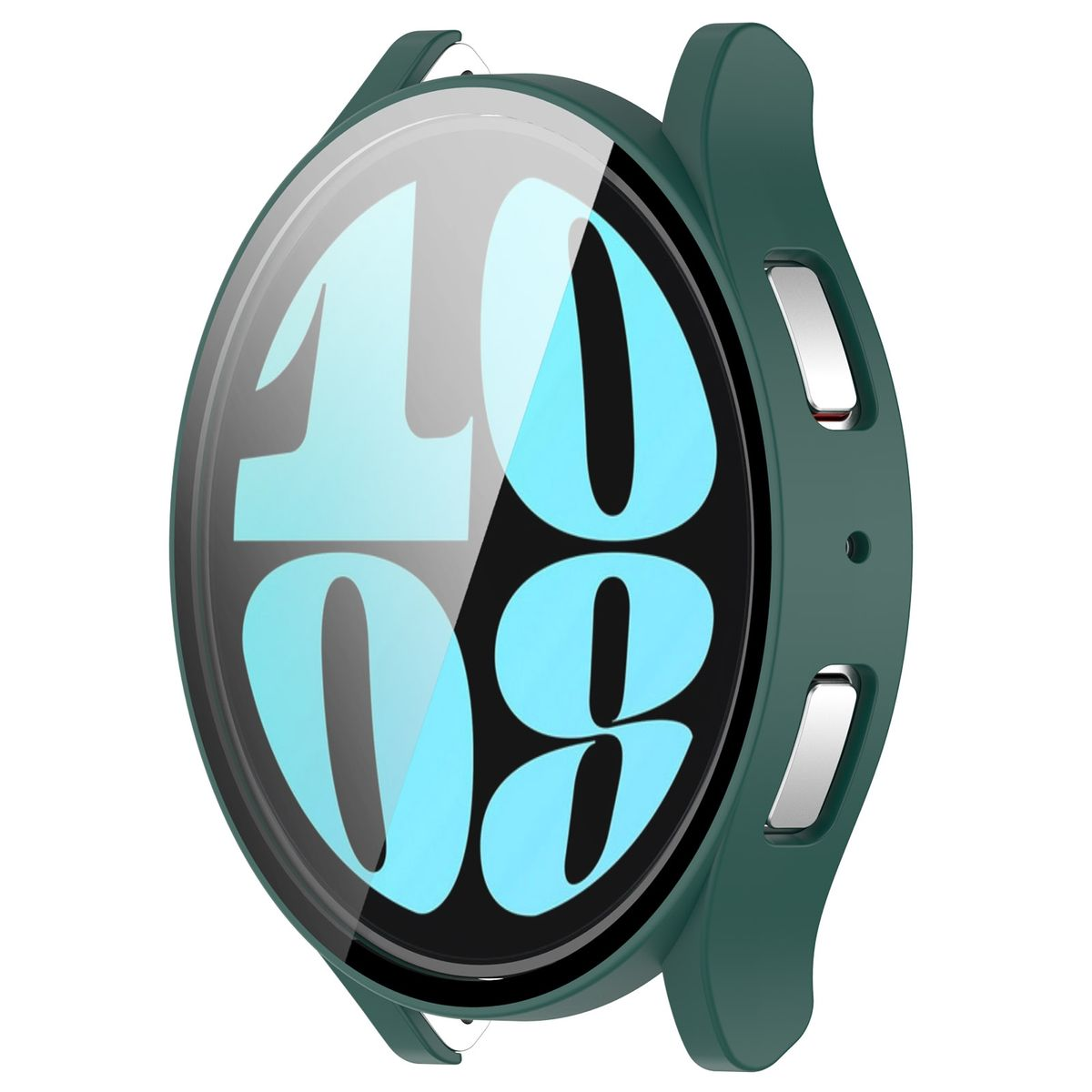 Grünes Smartwatch-Gehäuse mit teal-farbiger 10:08 Anzeige.
