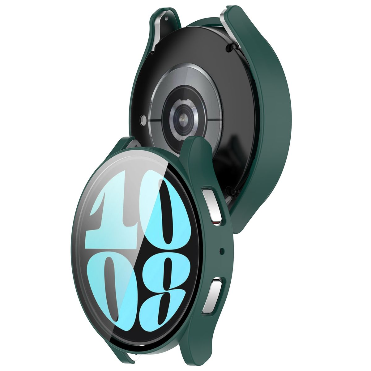 Eine grüne Smartwatch-Hülle mit transparentem Displayschutz auf schwarzem Hintergrund.