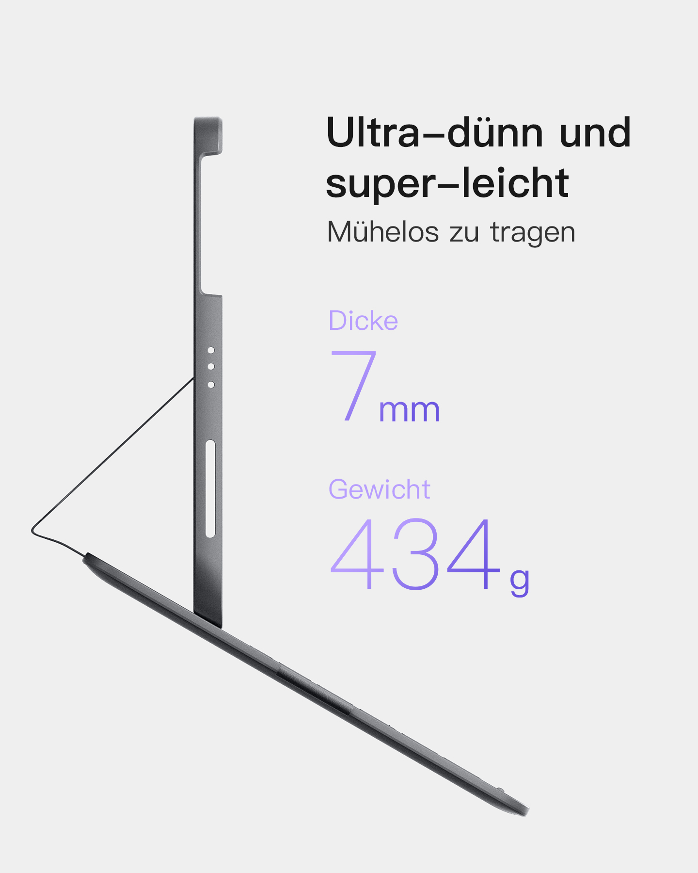 Grauer Stift und Text über Dicke (7 mm) und Gewicht (434 g).