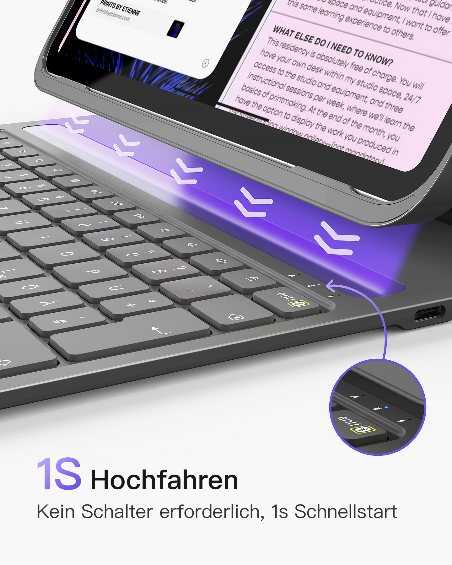 Laptop-Tastatur mit Tablet. Pfeile zeigen den Startvorgang an.