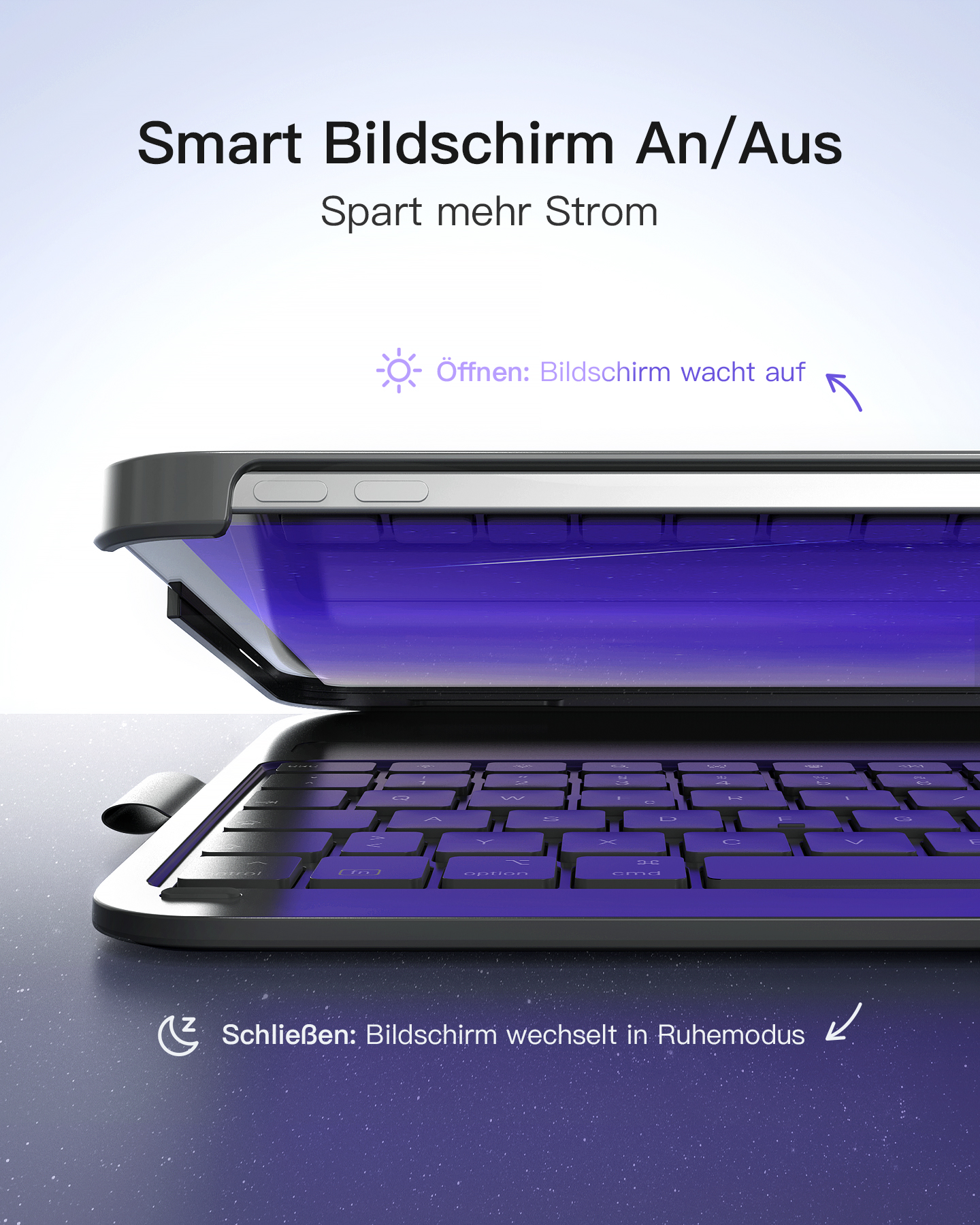 Tablet-Tastaturhülle, geöffnet. Tastatur unter dem Bildschirm. Lila Hintergrund.