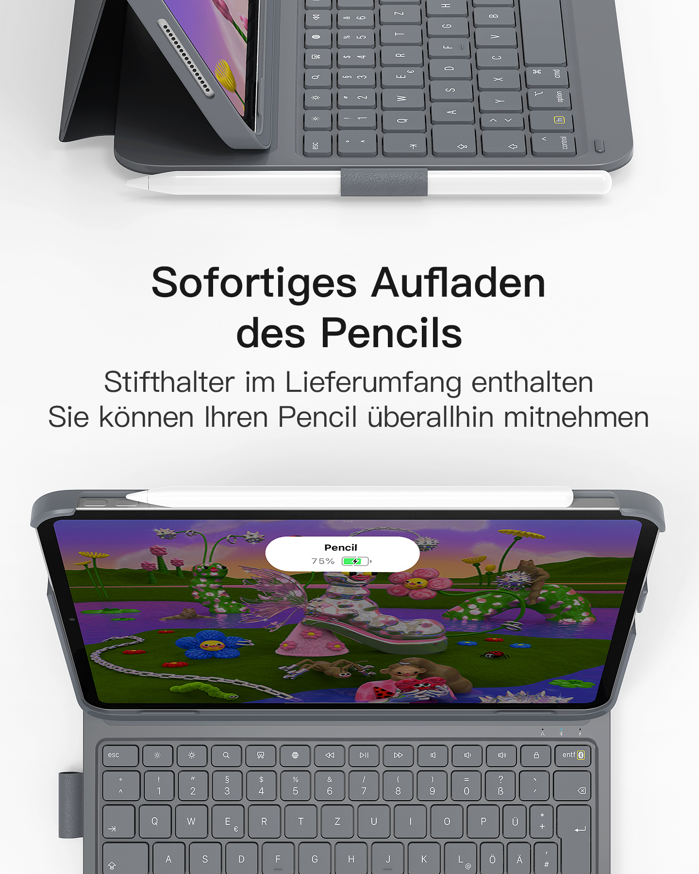 Graues Tablet mit Tastatur und weißem Stift. Text auf Deutsch.