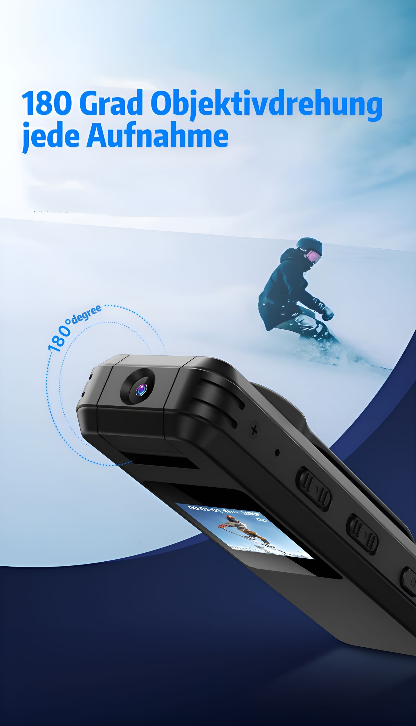 Nahaufnahme einer Action-Kamera mit Skifahrer auf dem Bildschirm. Kamera hat Knöpfe und Linse.