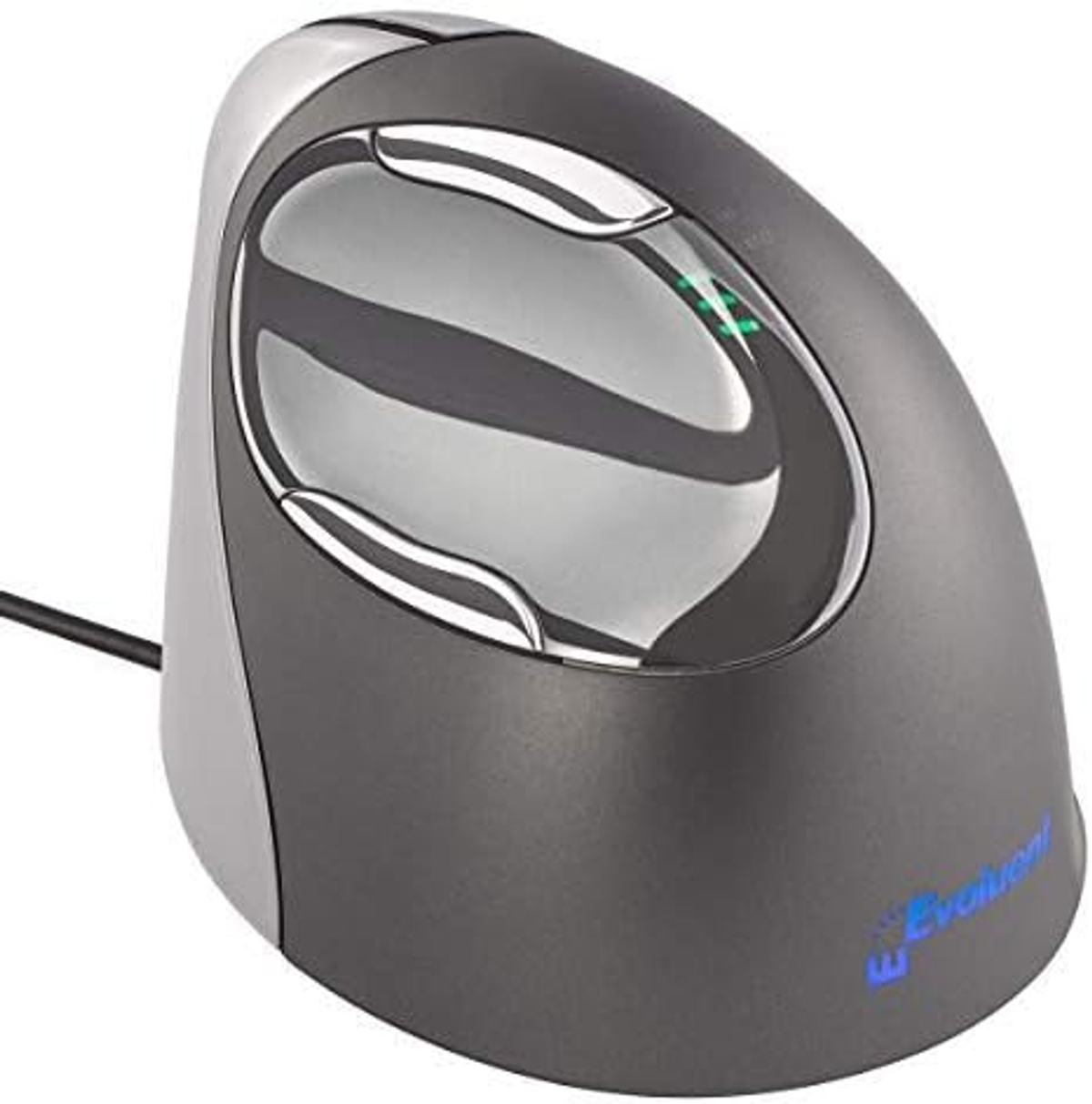 Eine ergonomische Computermaus, grau mit silberner Oberseite und grünem Licht.