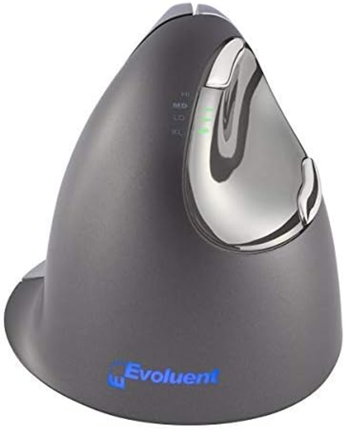 Souris ergonomique grise avec accents argentés et logo Evoluent bleu sur fond blanc.