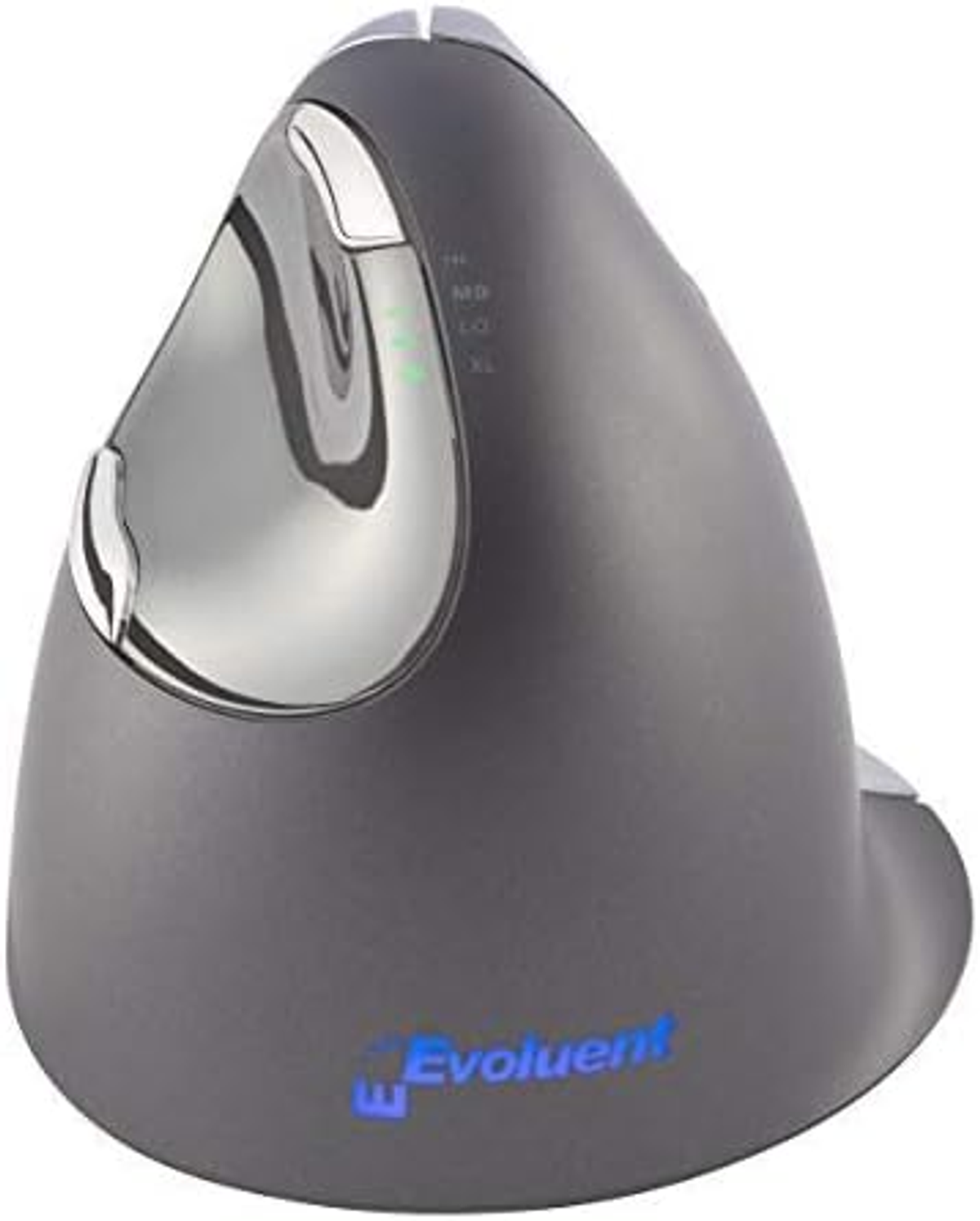 Ergonomische Computermaus. Grau mit silbernen Akzenten. Hat Tasten und ein Scrollrad.
