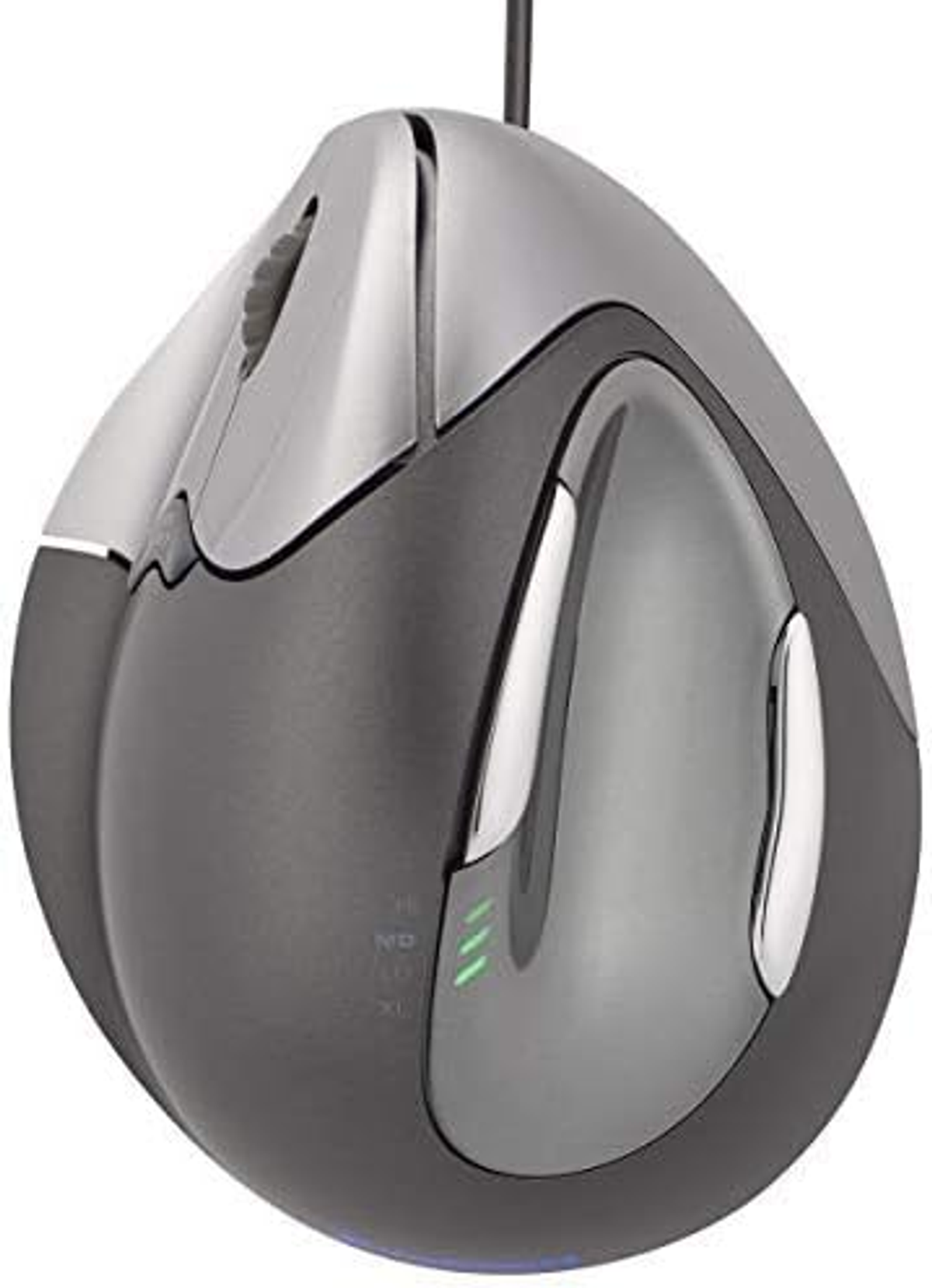 Ergonomische computermuis in donkergrijs en zilver, met knoppen.