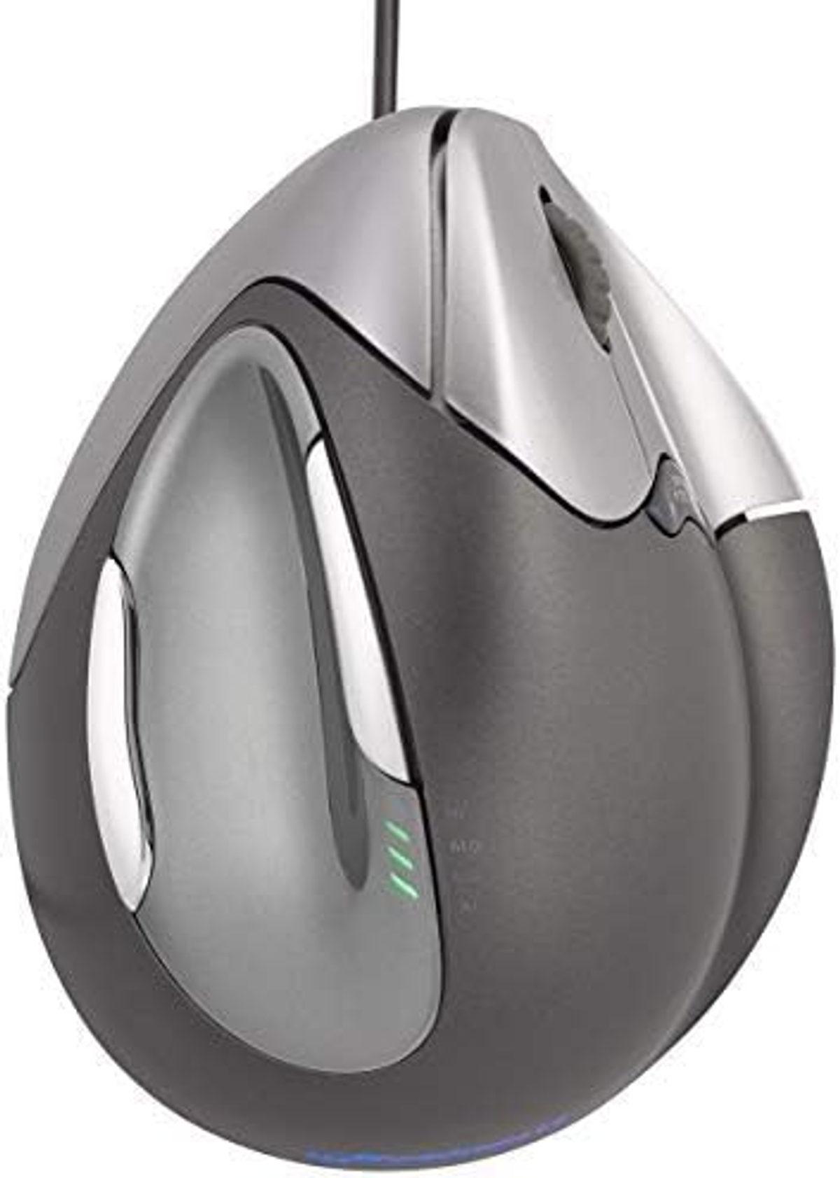 Eine graue und silberne ergonomische Computermaus mit mehreren Tasten und einem Scrollrad.