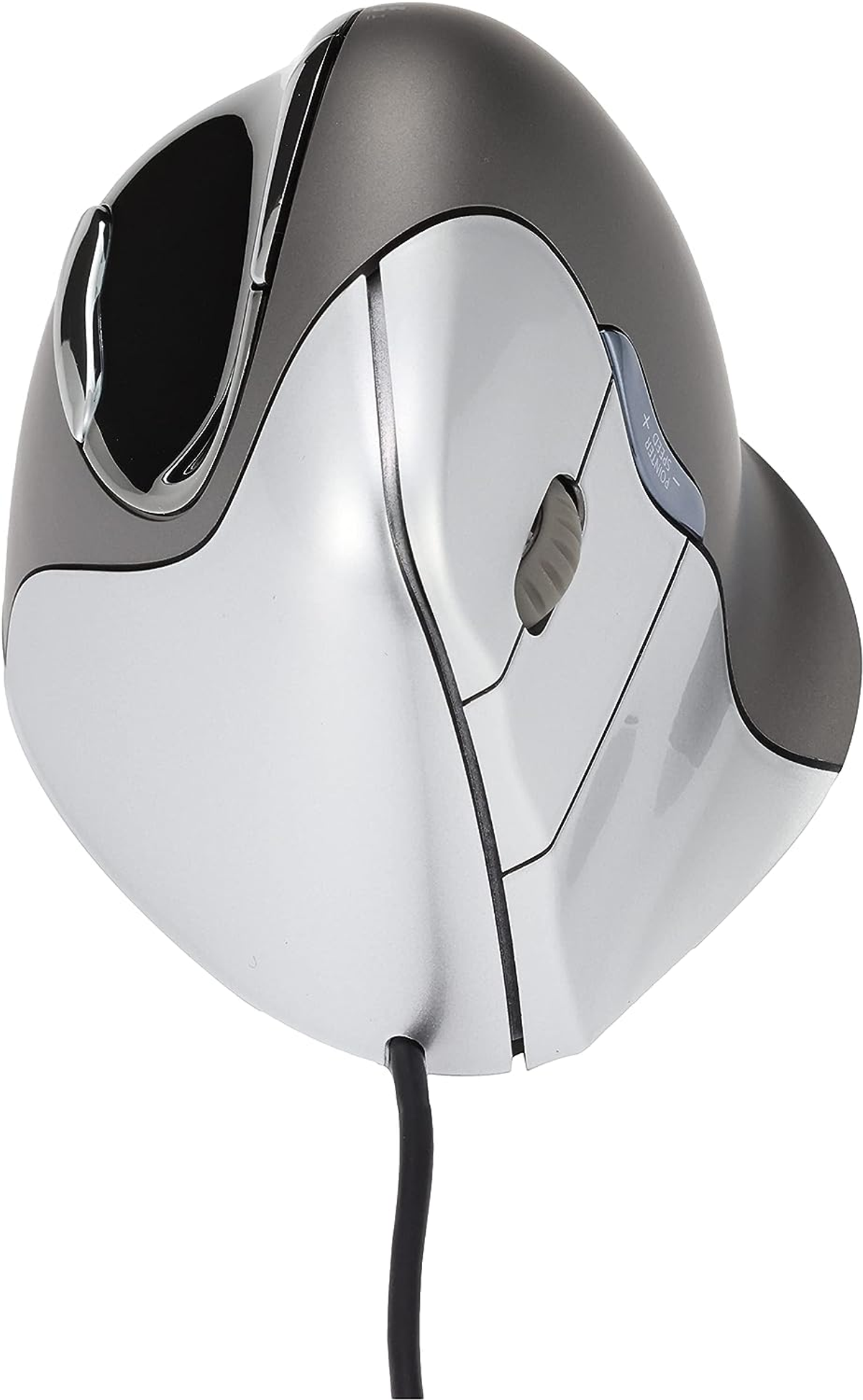 Ergonomische computermuis met een grijs en zilver design en een zwart snoer.