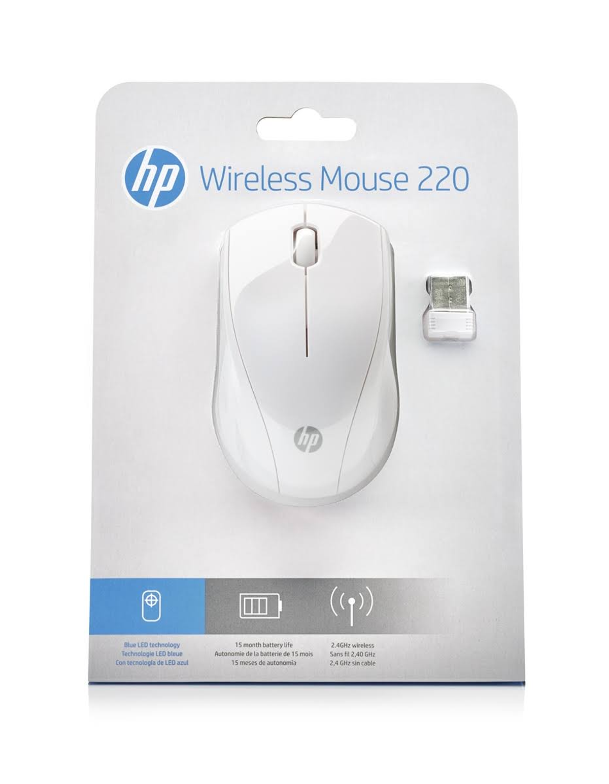 Biała mysz bezprzewodowa HP z odbiornikiem USB w opakowaniu.
