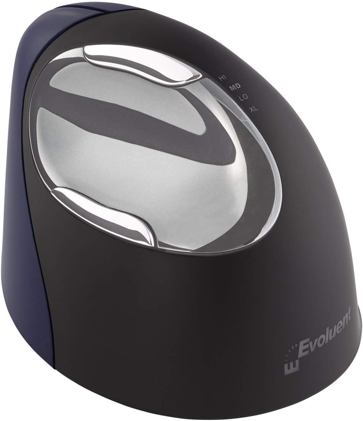 Ergonomische schwarze und blaue Computermaus mit Tasten und einem Scrollrad.