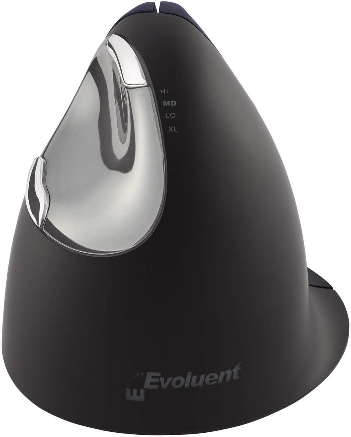 Eine ergonomische, schwarze Maus mit einer silbernen Seite. Sie hat Tasten und ein Rad. HI, MD, LO, XL sind markiert.