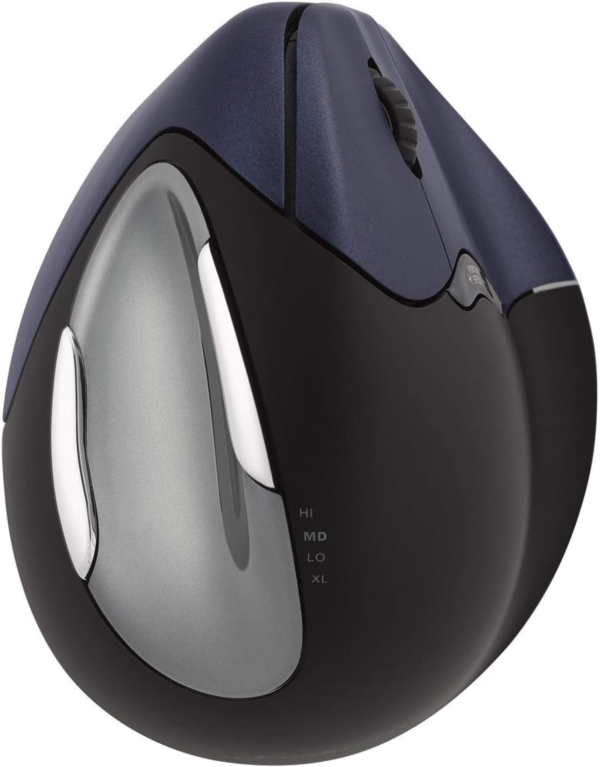 Ergonomische Maus mit schwarzen, blauen und silbernen Farben. Sie hat ein Scrollrad und Tasten.