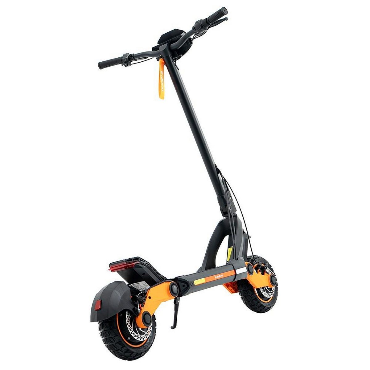 Monopattino elettrico arancione e nero. Manubrio, fanale posteriore e dettagli pneumatici visibili.