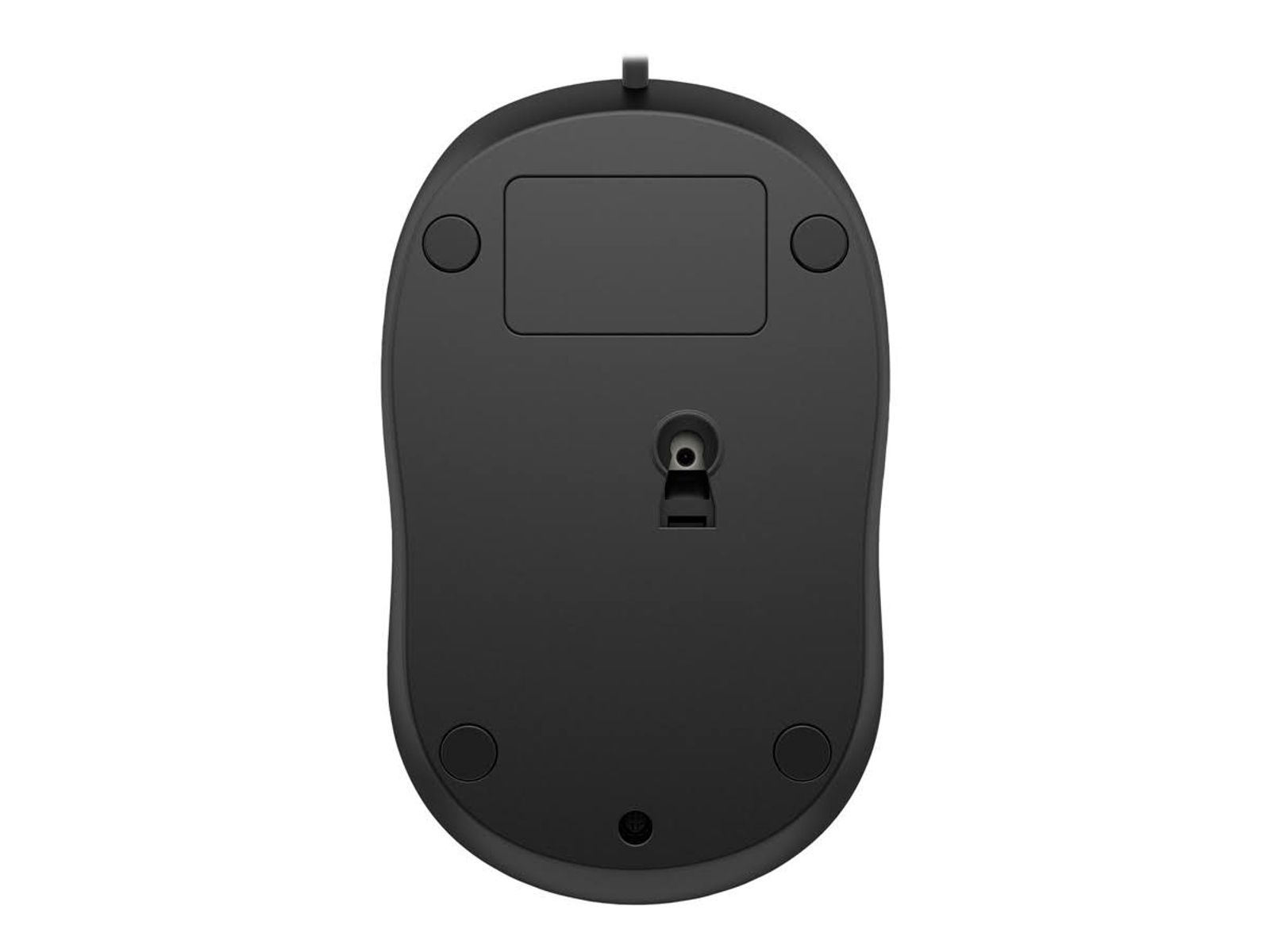 Widok od spodu czarnej myszy komputerowej, pokazujący spód z sensorem i nóżkami.