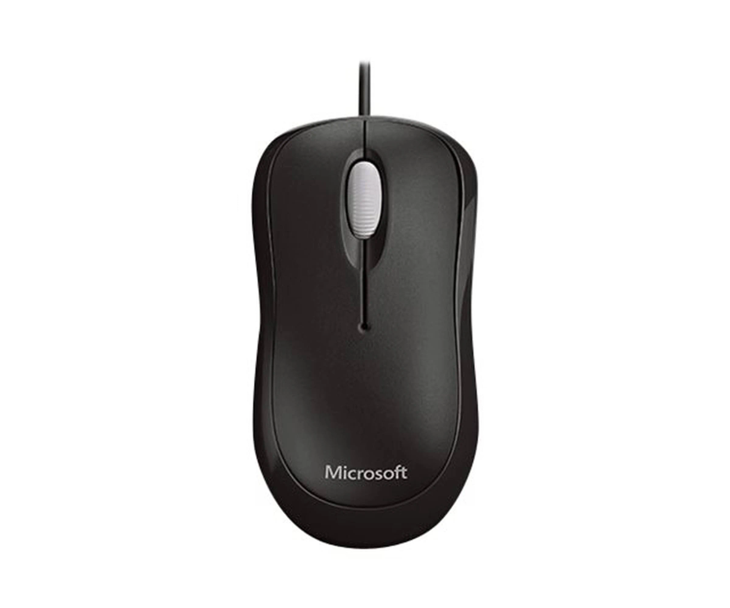 Un ratón de ordenador Microsoft negro con rueda de desplazamiento blanca y cable.