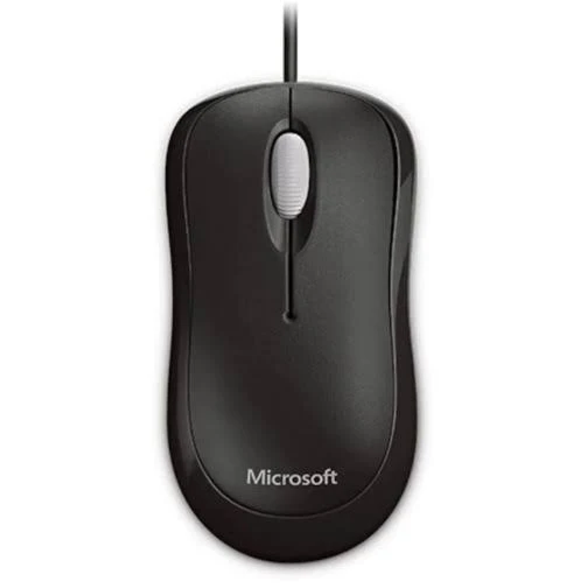 Ratón Microsoft negro con rueda de desplazamiento blanca y el logotipo de Microsoft.