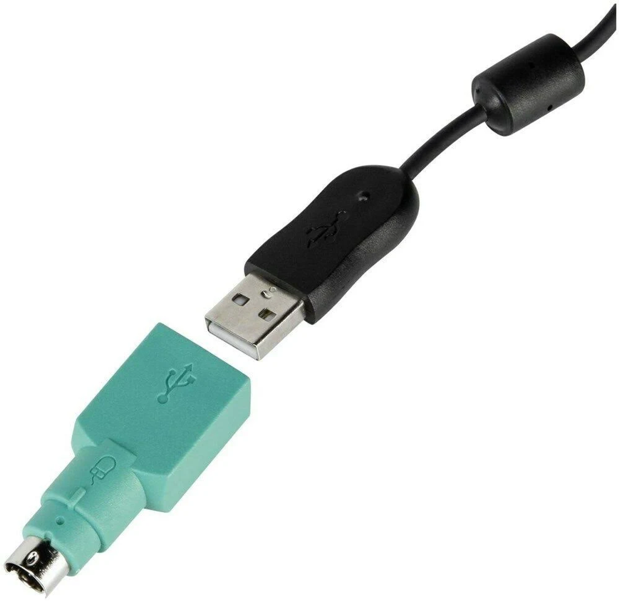 Cable adaptador USB a PS/2, negro y verde azulado.
