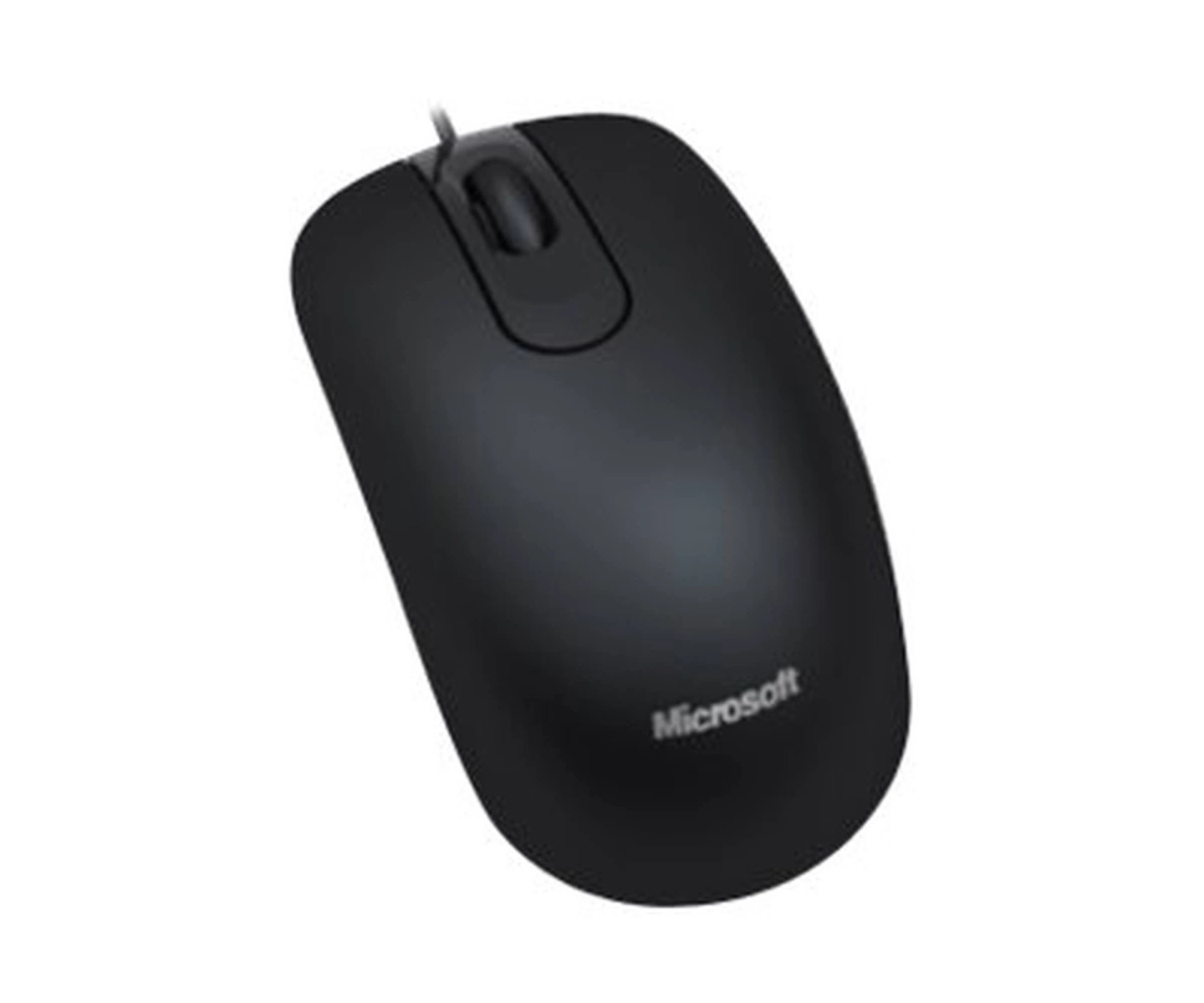 Ratón negro Microsoft con rueda de desplazamiento sobre fondo blanco.
