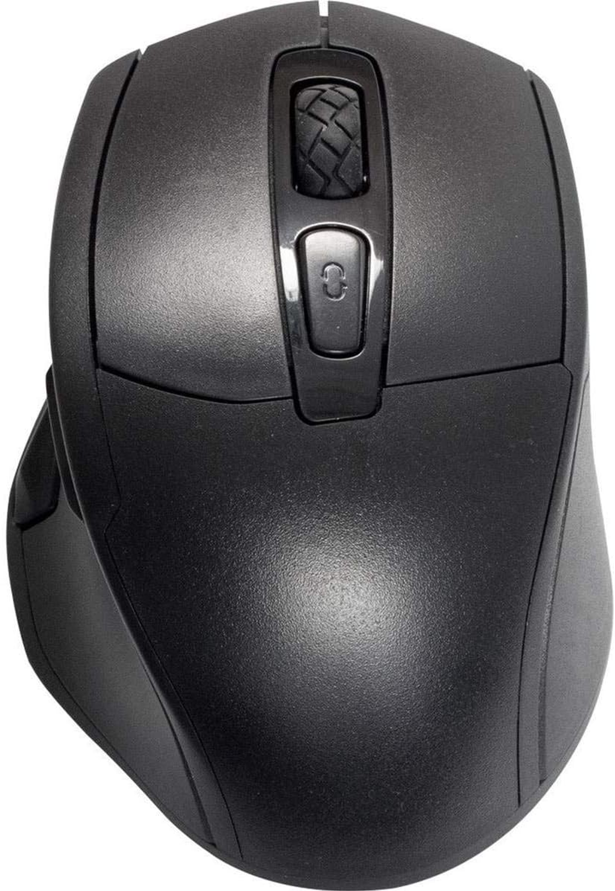 Schwarze Computermaus. Sie hat ein Scrollrad und ein paar Tasten.