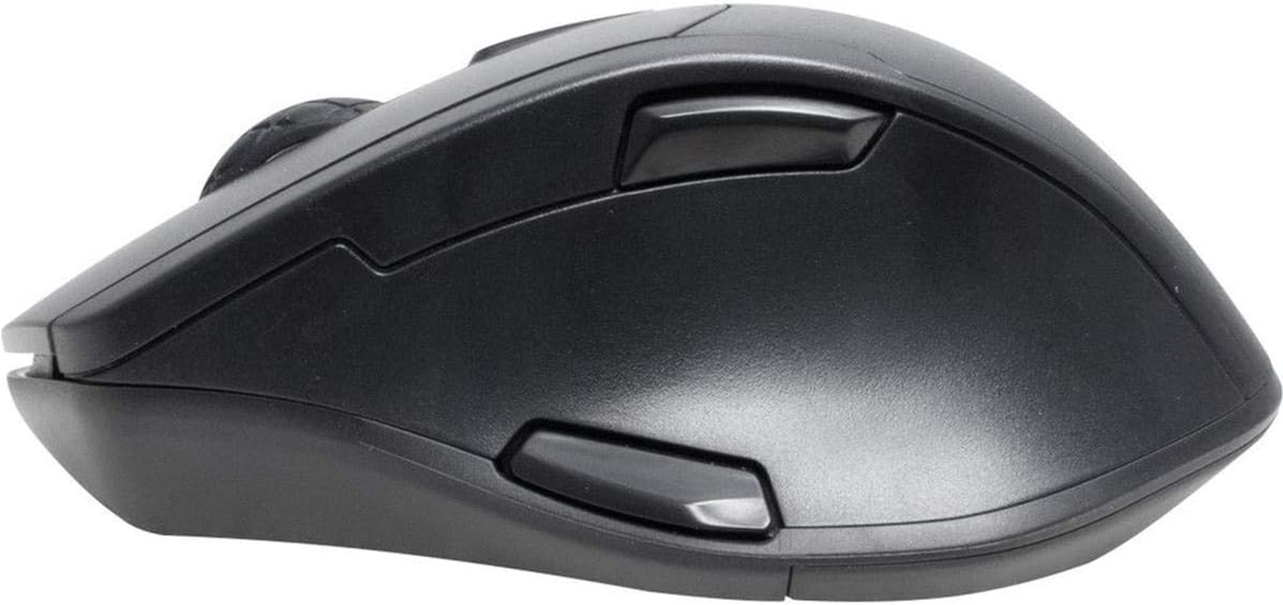 Schwarze Computermaus mit zwei Seitentasten.