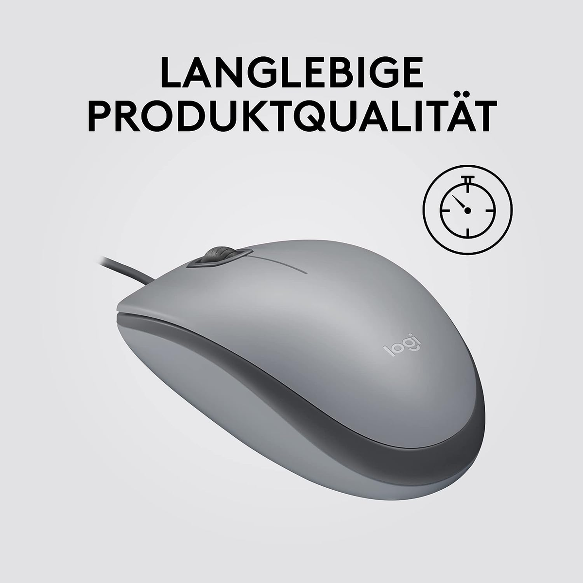 Szara mysz Logi na białym tle, z tekstem: 'trwała jakość produktu' i ikoną timera.