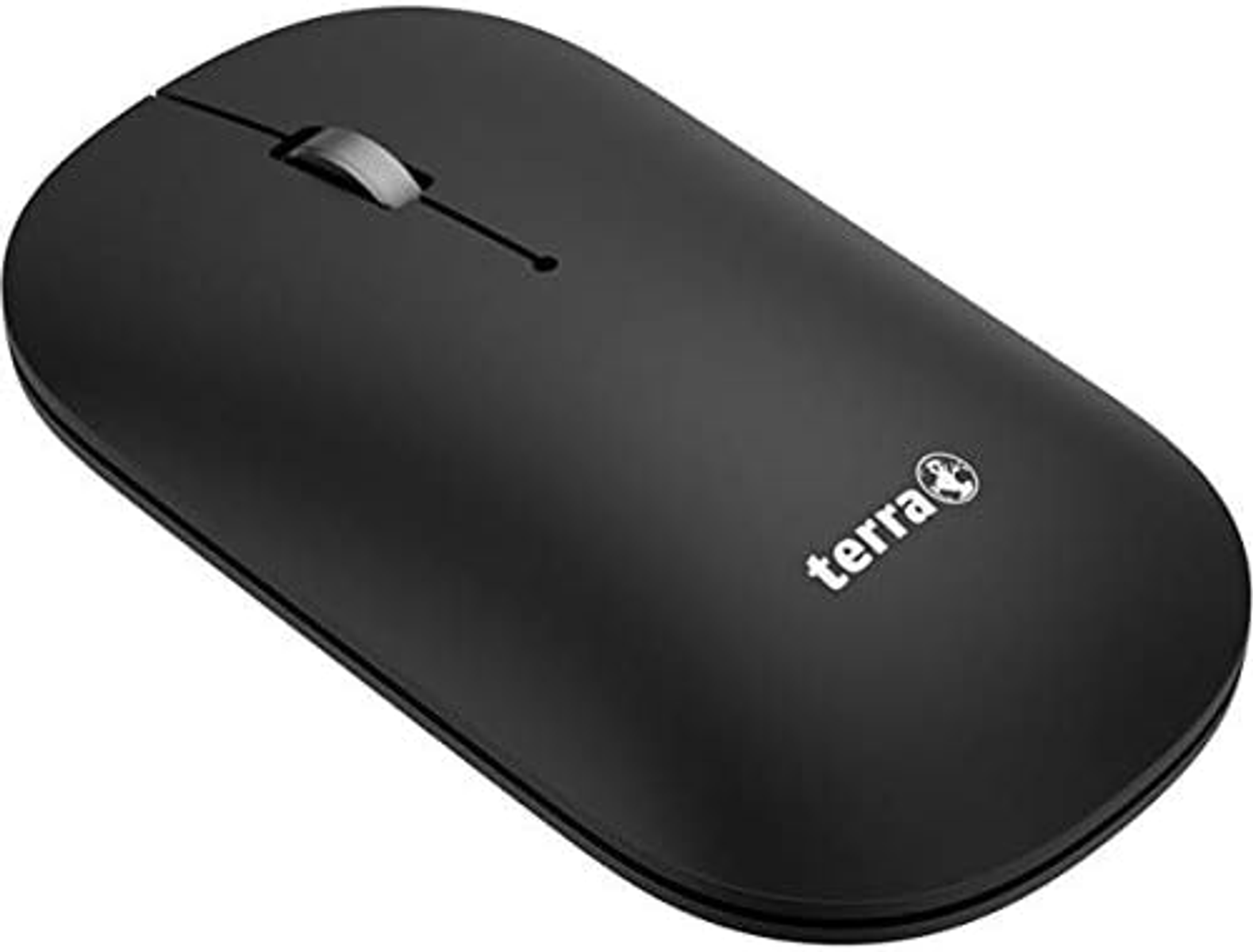Schwarze drahtlose Computermaus mit einem Scrollrad und dem Wort terra darauf.