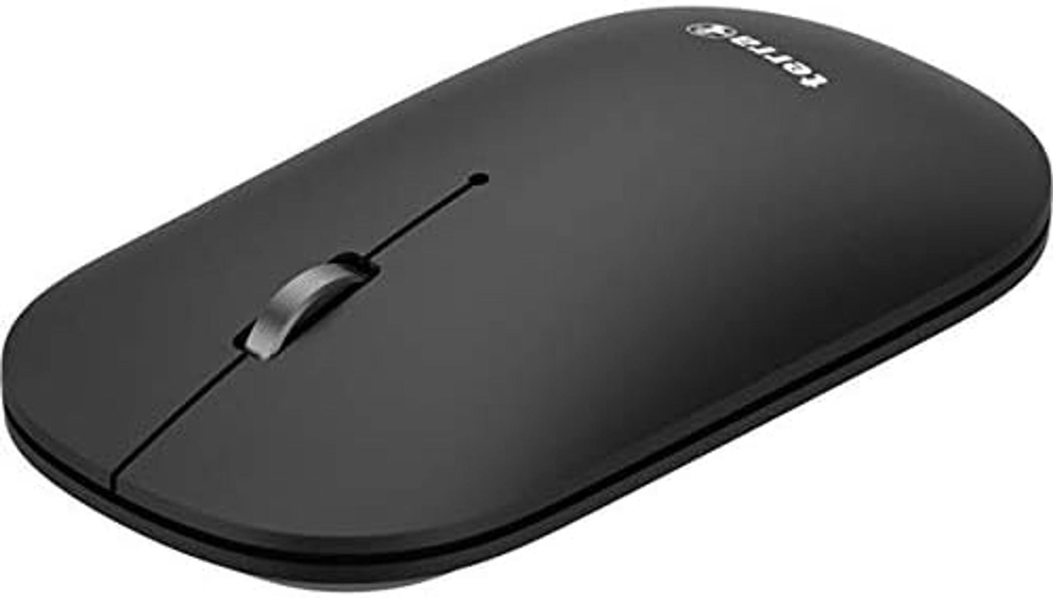 Eine schwarze kabellose Maus mit Scrollrad und dem Markennamen 'terra' oben.