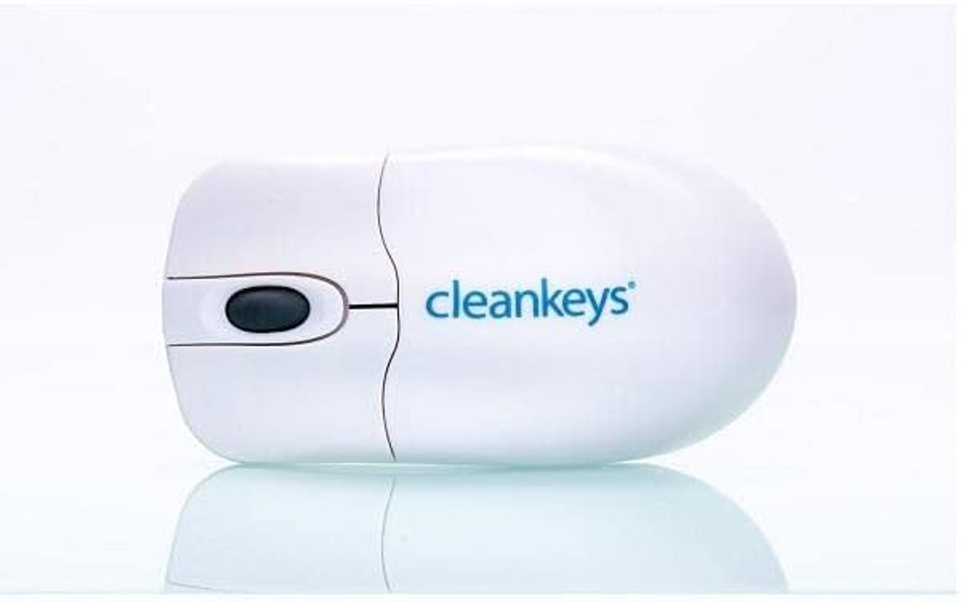 Mouse bianco con rotellina nera e testo 'cleankeys'.