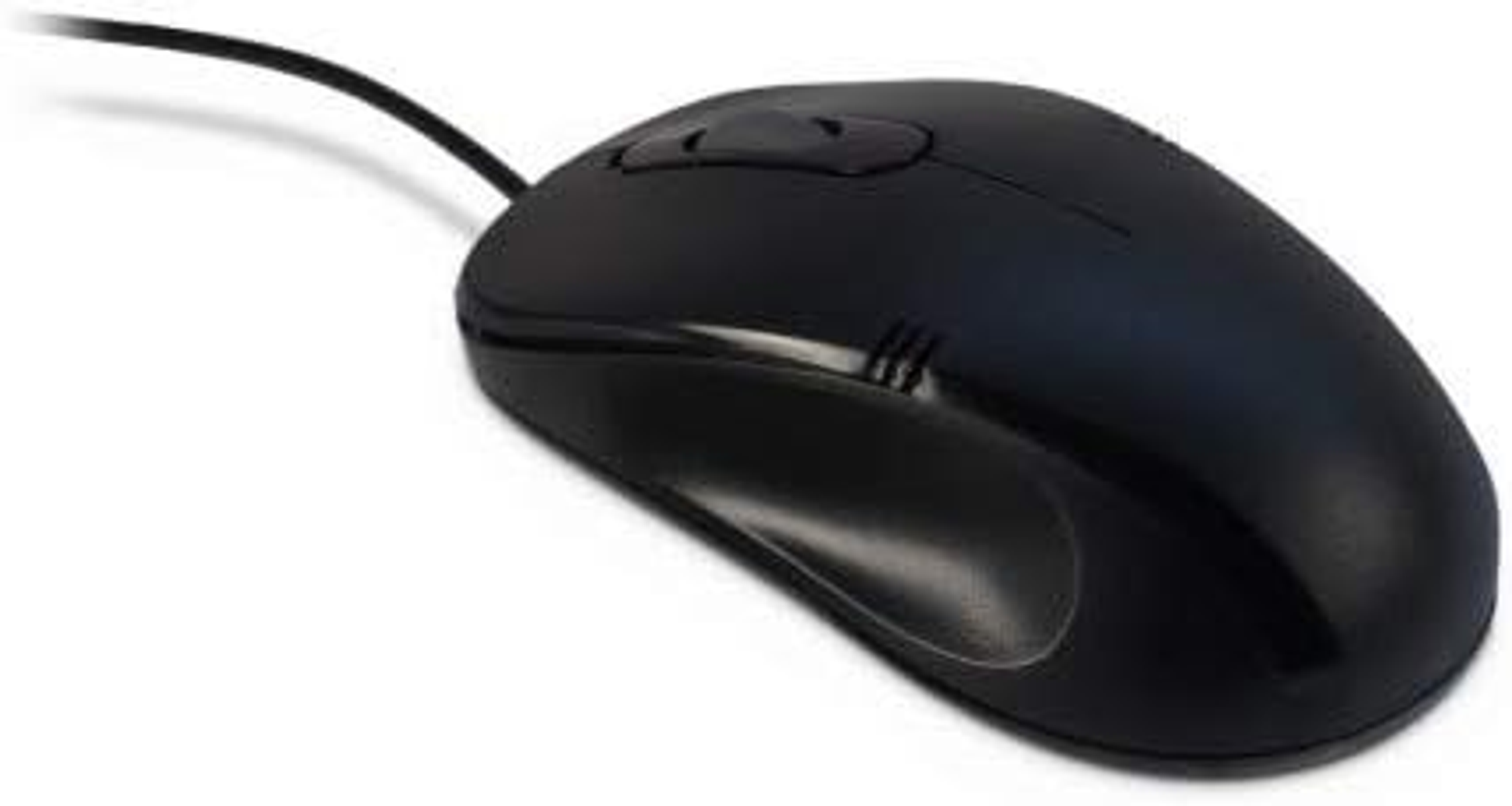 Eine schwarze Computermaus mit Kabel auf einer weißen Oberfläche.