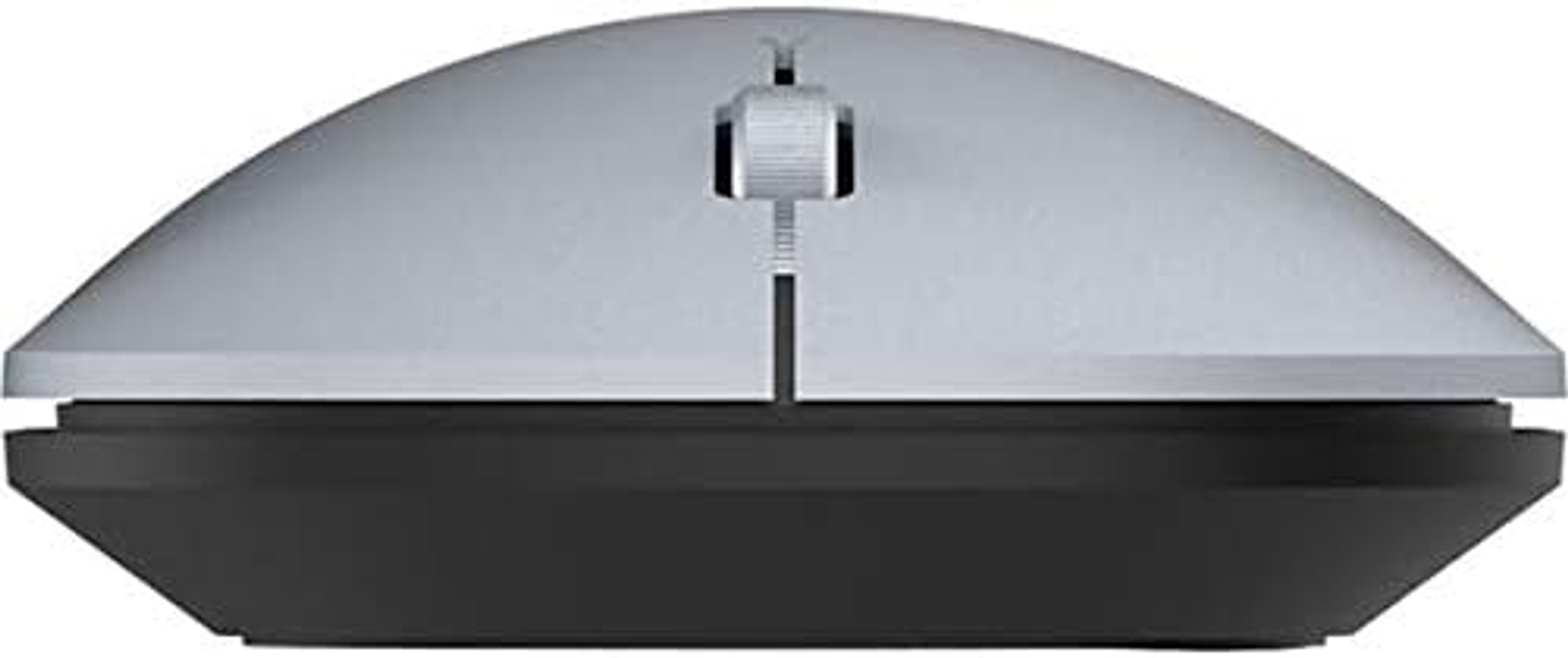 Srebrno-czarna mysz komputerowa, widok z boku. Na białym tle.