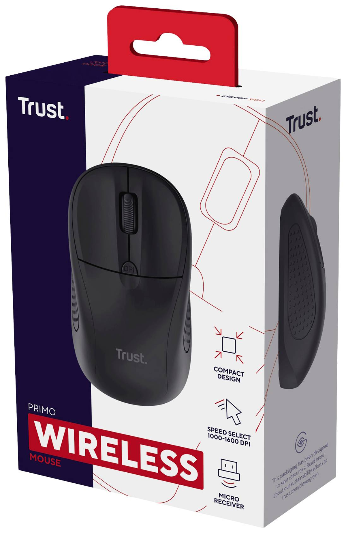 Schwarze drahtlose Maus in einer Box, mit kompaktem Design und Mikroempfänger.