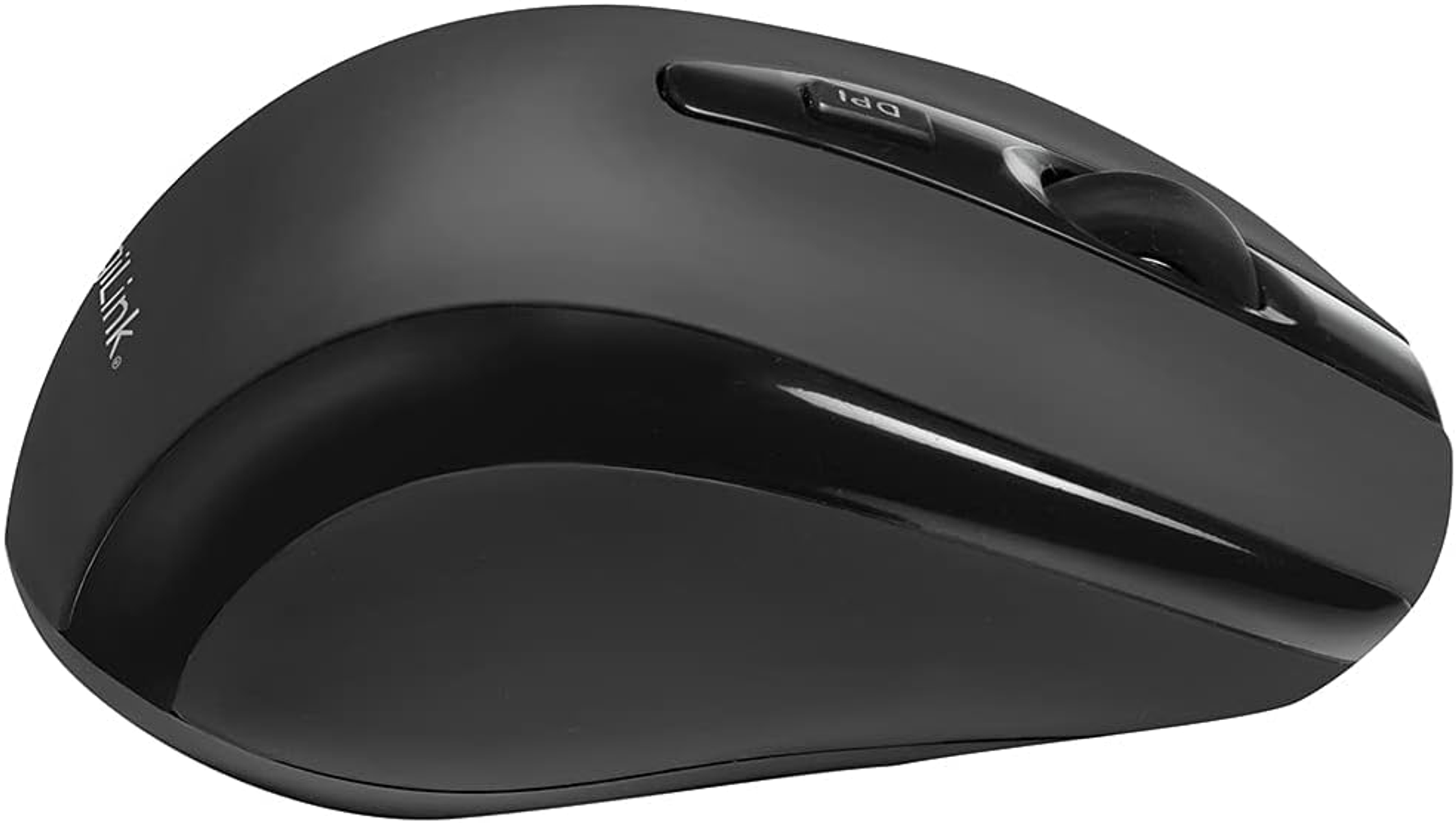 Eine schwarze Computermaus mit Scrollrad und DPI-Taste. Die Maus hat eine ovale Form.