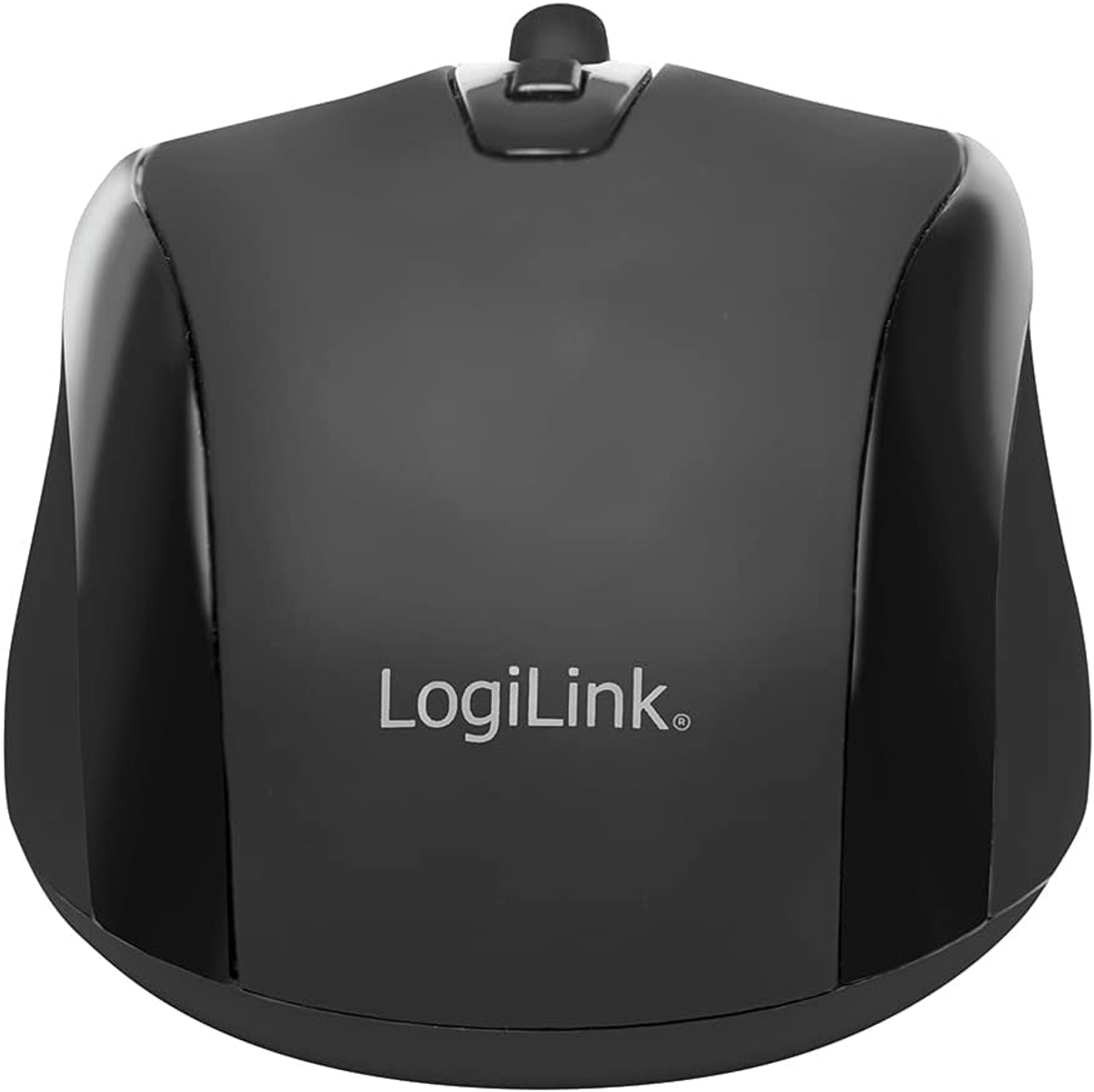 Schwarze LogiLink-Maus von oben gesehen. Die Maus ist ergonomisch und hat ein dezentes Design.