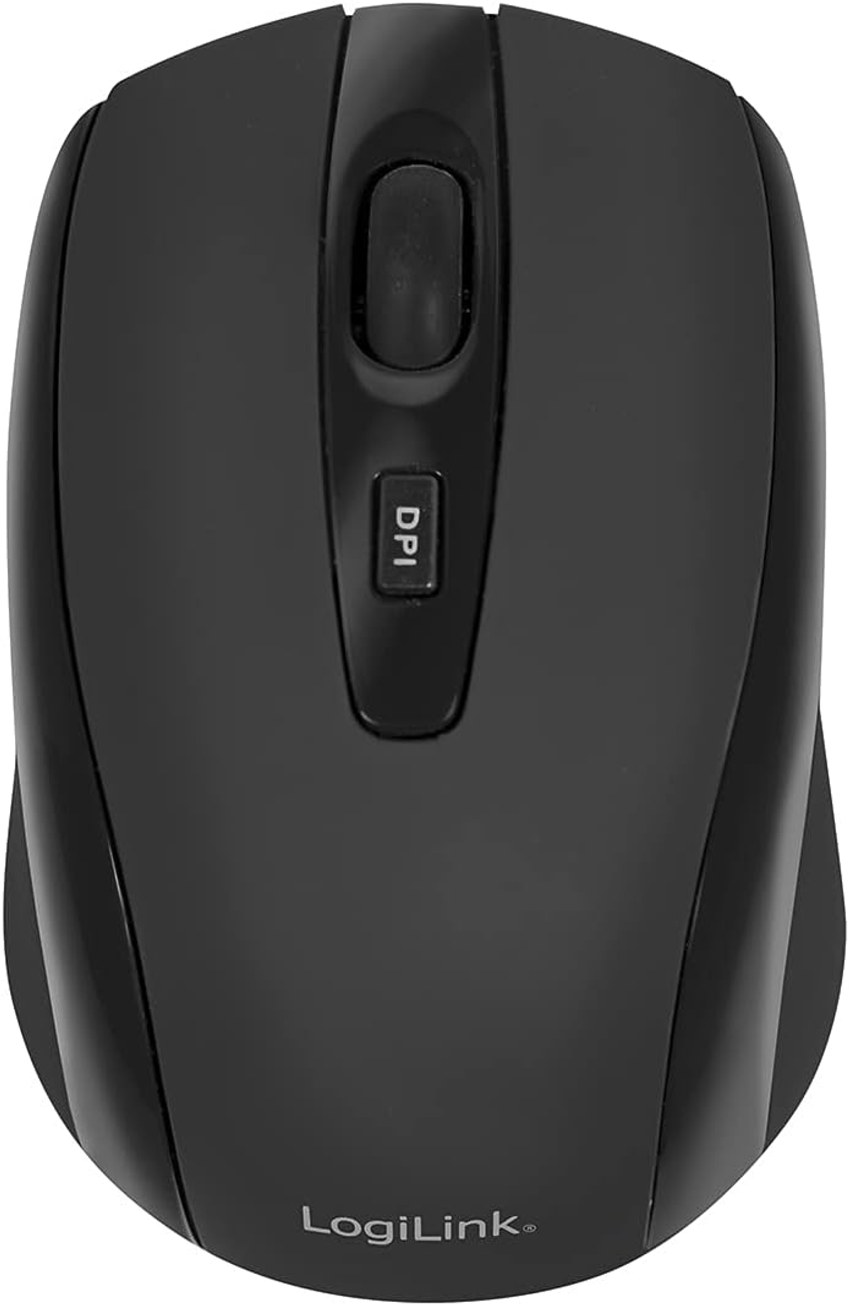 Eine schwarze Computermaus mit einem Scrollrad und einer DPI-Taste, auf weißem Hintergrund.