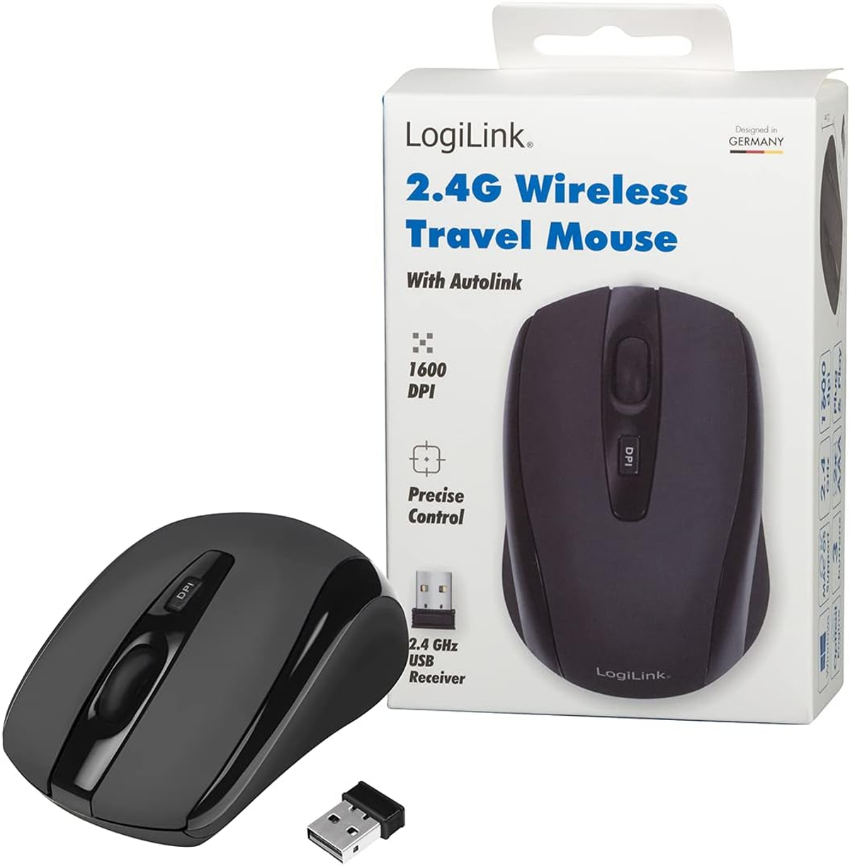 Schwarze kabellose Maus mit USB-Empfänger und Verpackung mit Produktname.