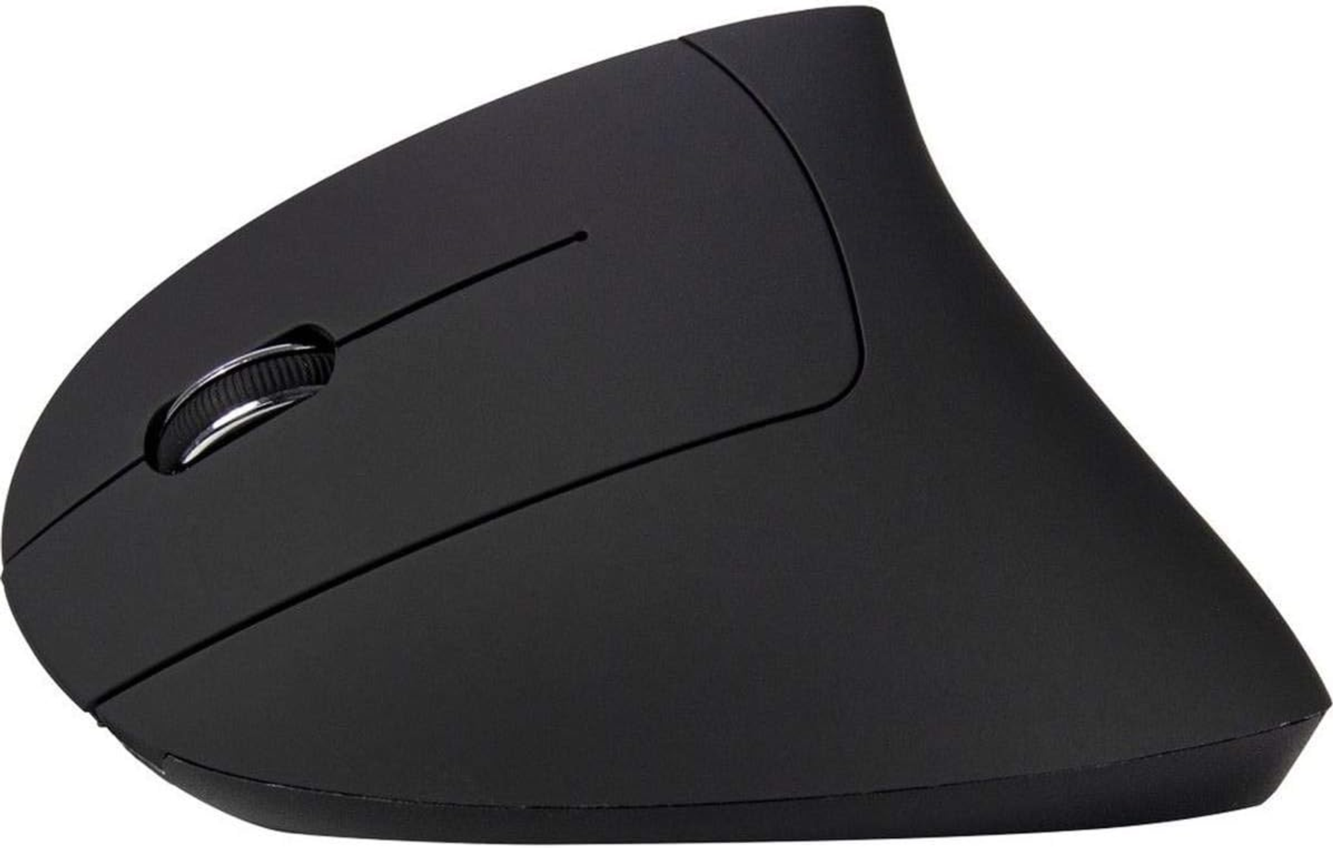Een zwarte ergonomische computermuis met een scrollwiel, van bovenaf gezien, geïsoleerd op een witte achtergrond.
