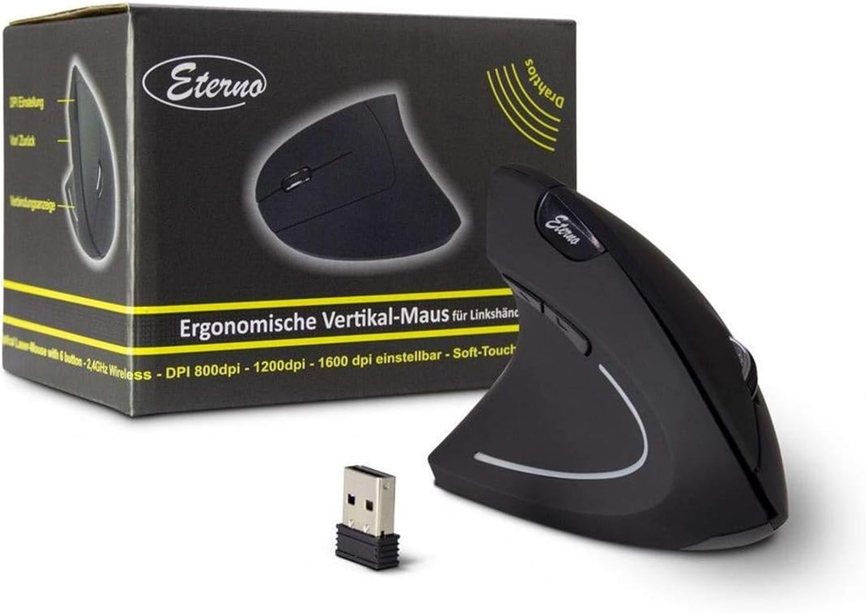 Een zwarte ergonomische verticale muis met een USB-ontvanger en de verpakking.