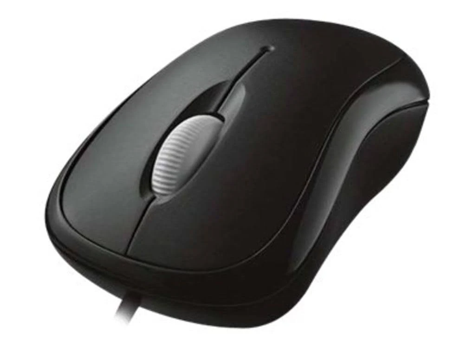 Ratón de ordenador negro con rueda de desplazamiento y cable.