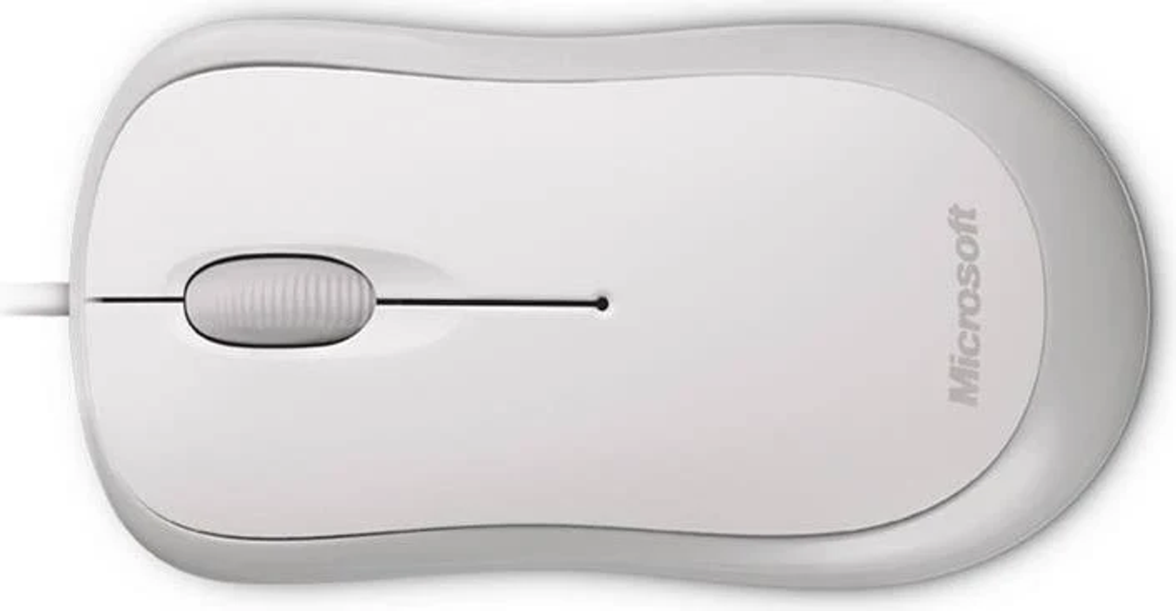 Ratón blanco Microsoft con rueda de desplazamiento y cable, sobre fondo blanco.