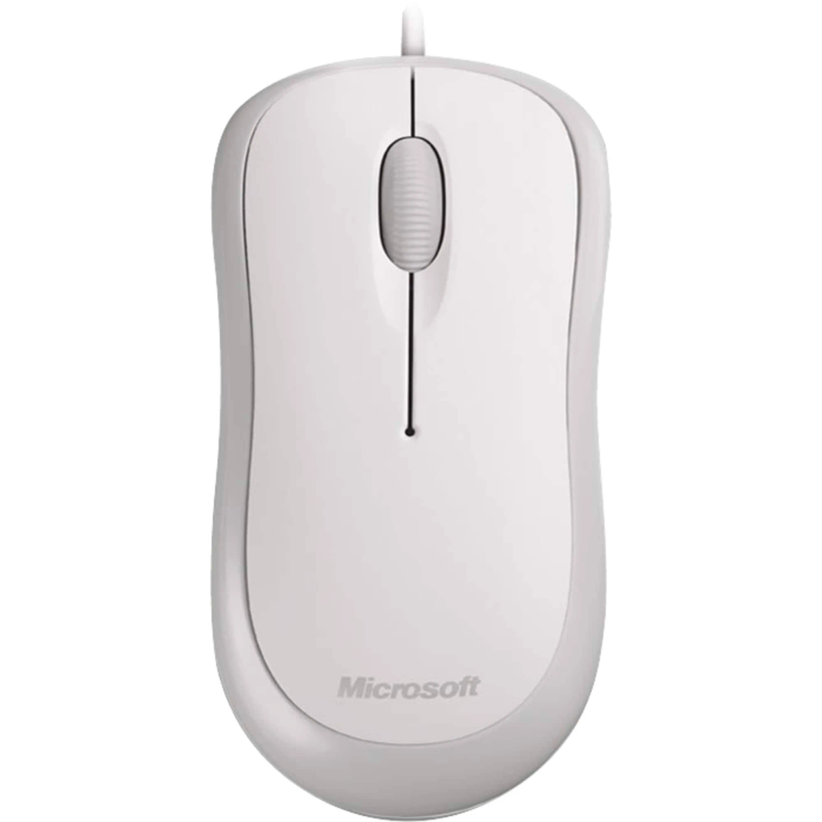 Un ratón de ordenador blanco con una rueda de desplazamiento y el logotipo de Microsoft.