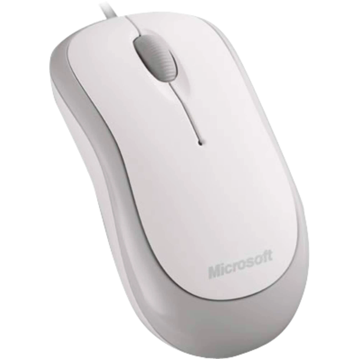 Ratón Microsoft blanco y gris sobre fondo blanco. Tiene rueda de desplazamiento y el logo de Microsoft.